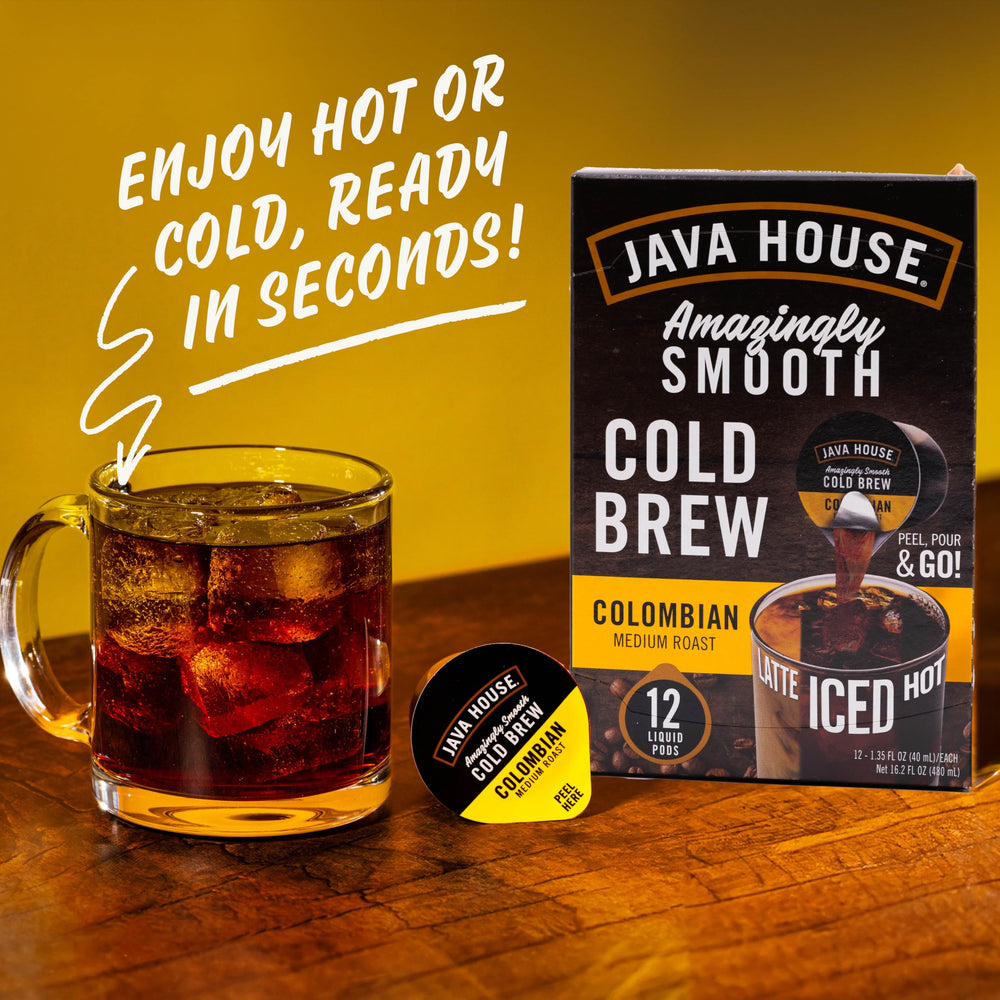Java House pod beside a shot glass to illustrate 1.35 fl oz serving size and concentrated coffee strength