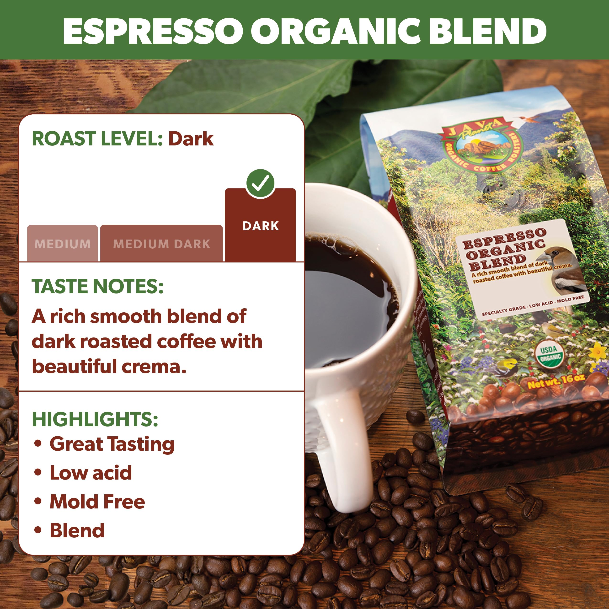 Java Planet espresso shot with crema demonstrating rich body and flavor
