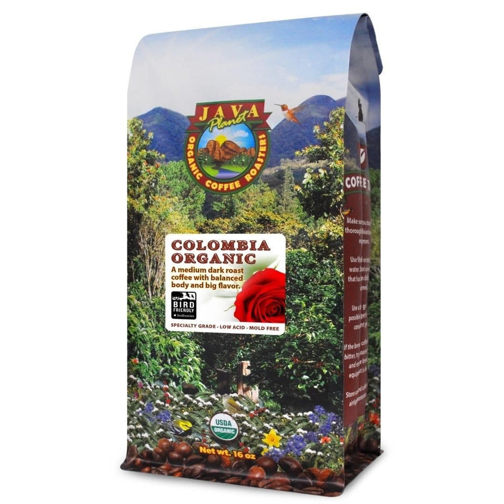 Java Planet front-of-bag showing organic label and roast name, appealing shelf presence