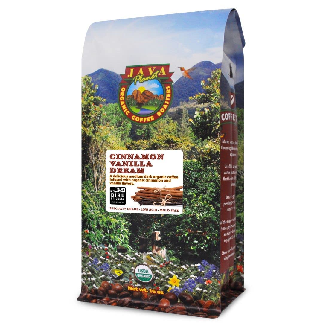 Java Planet front packaging showing cinnamon vanilla label and organic badge for trust