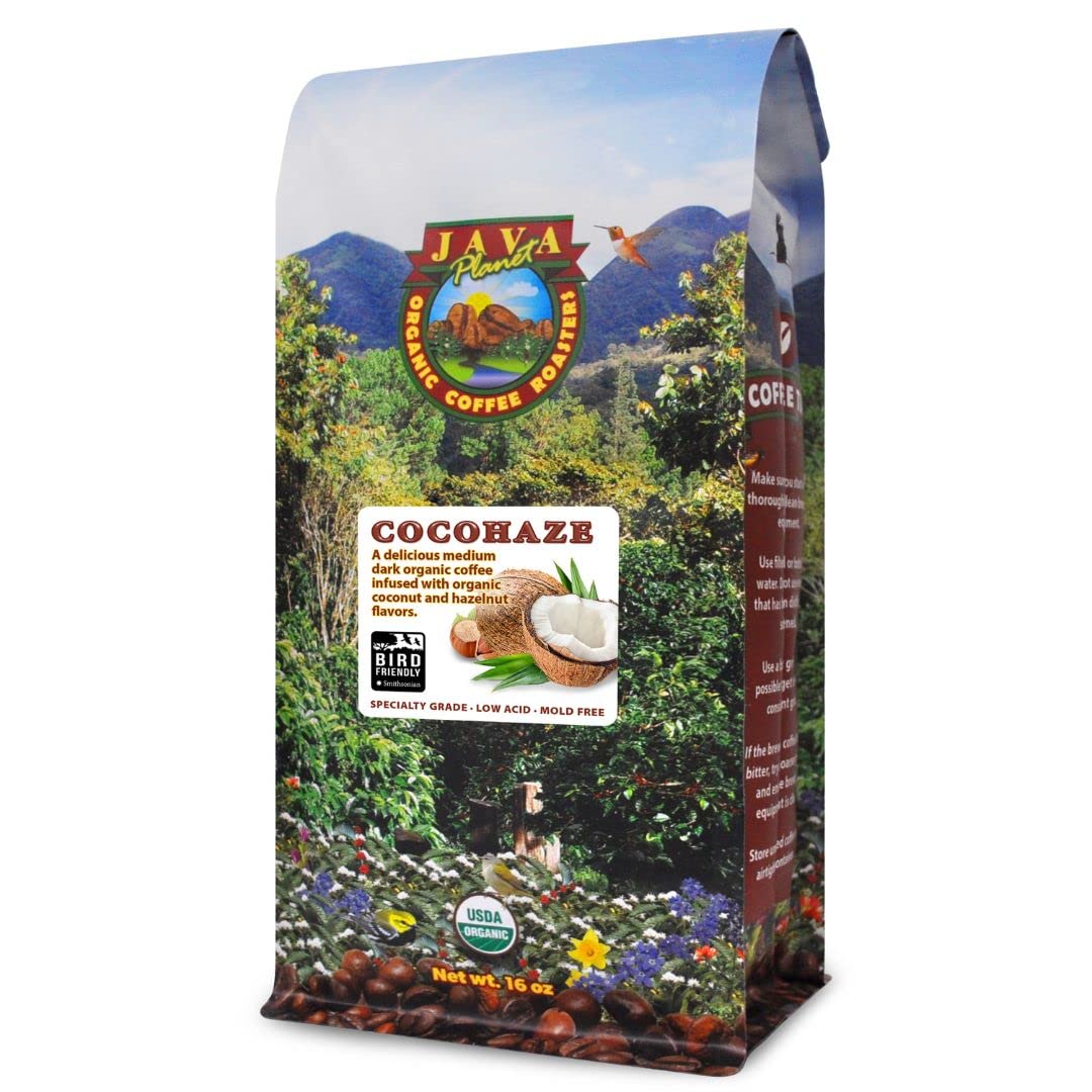 Java Planet front packaging showing coconut hazelnut label and organic badge, appealing shelf presence