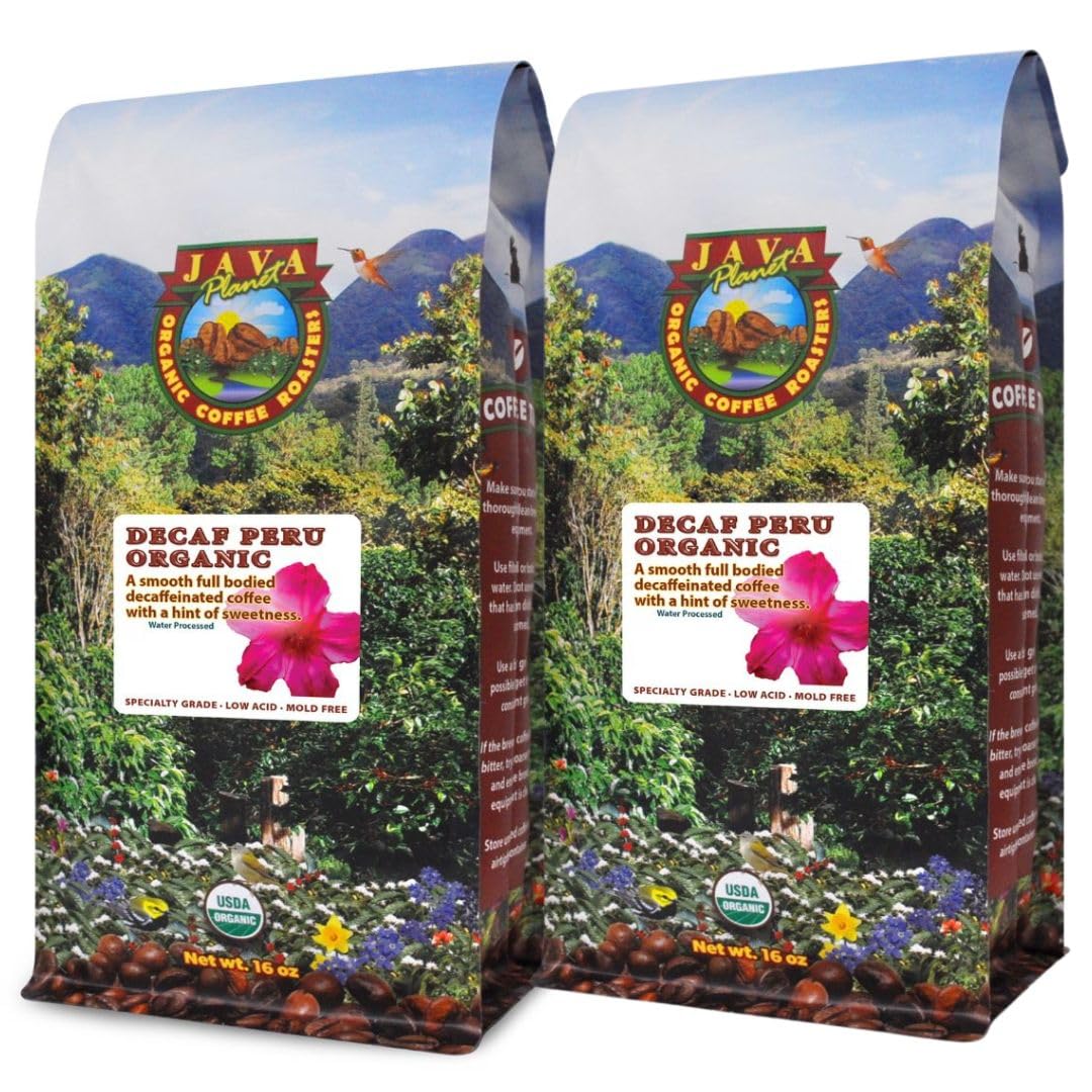 Java Planet front packaging showing 32oz bag and organic decaf benefits