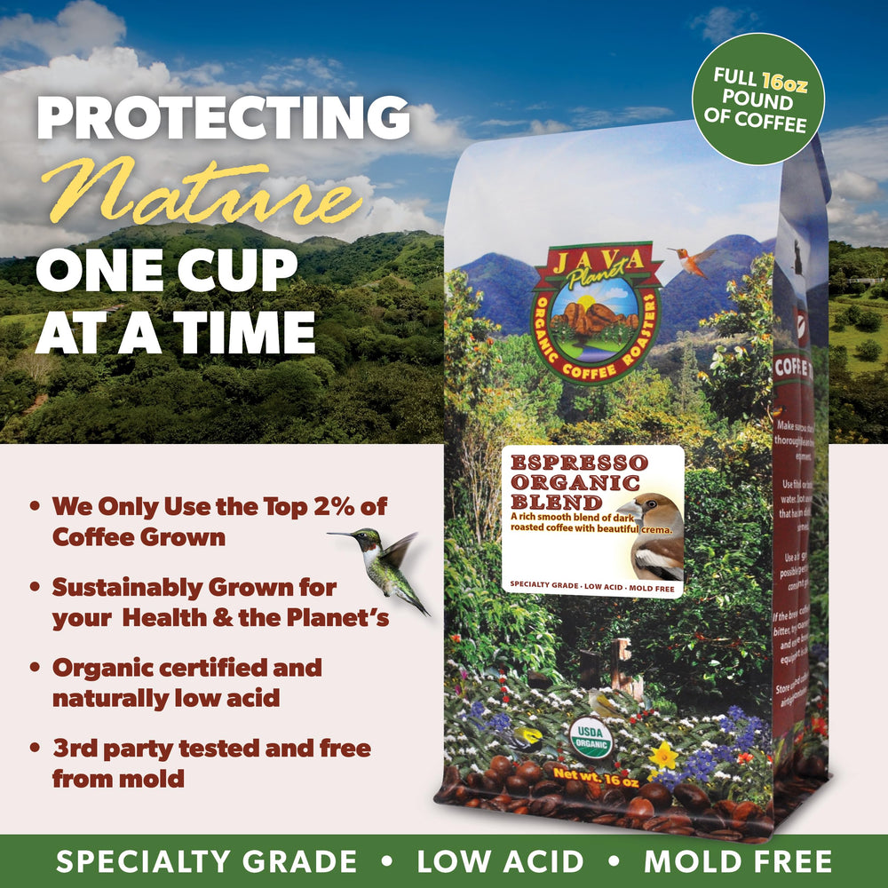 Java Planet label with organic and testing seals showing safety and trust
