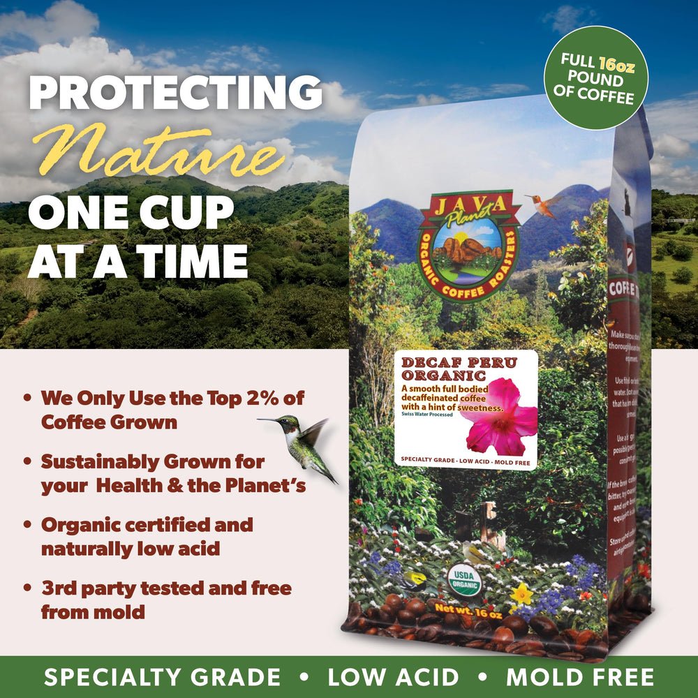 Java Planet label close-up emphasizing organic certification and testing
