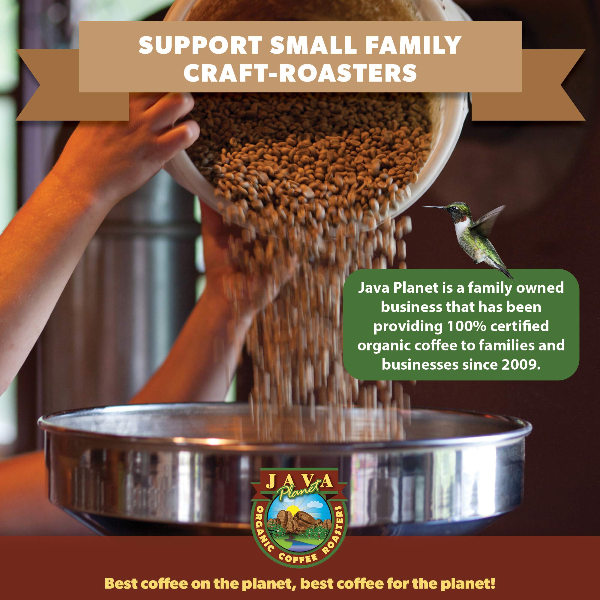 Steaming cup beside bag of Java Planet coffee on kitchen counter, inviting flavor moment