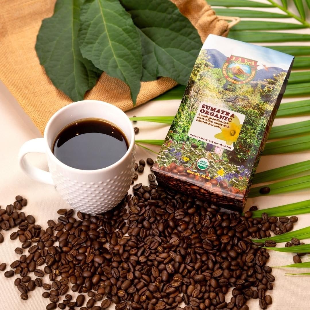 Java Planet label close-up noting organic, low-acid, and independent testing