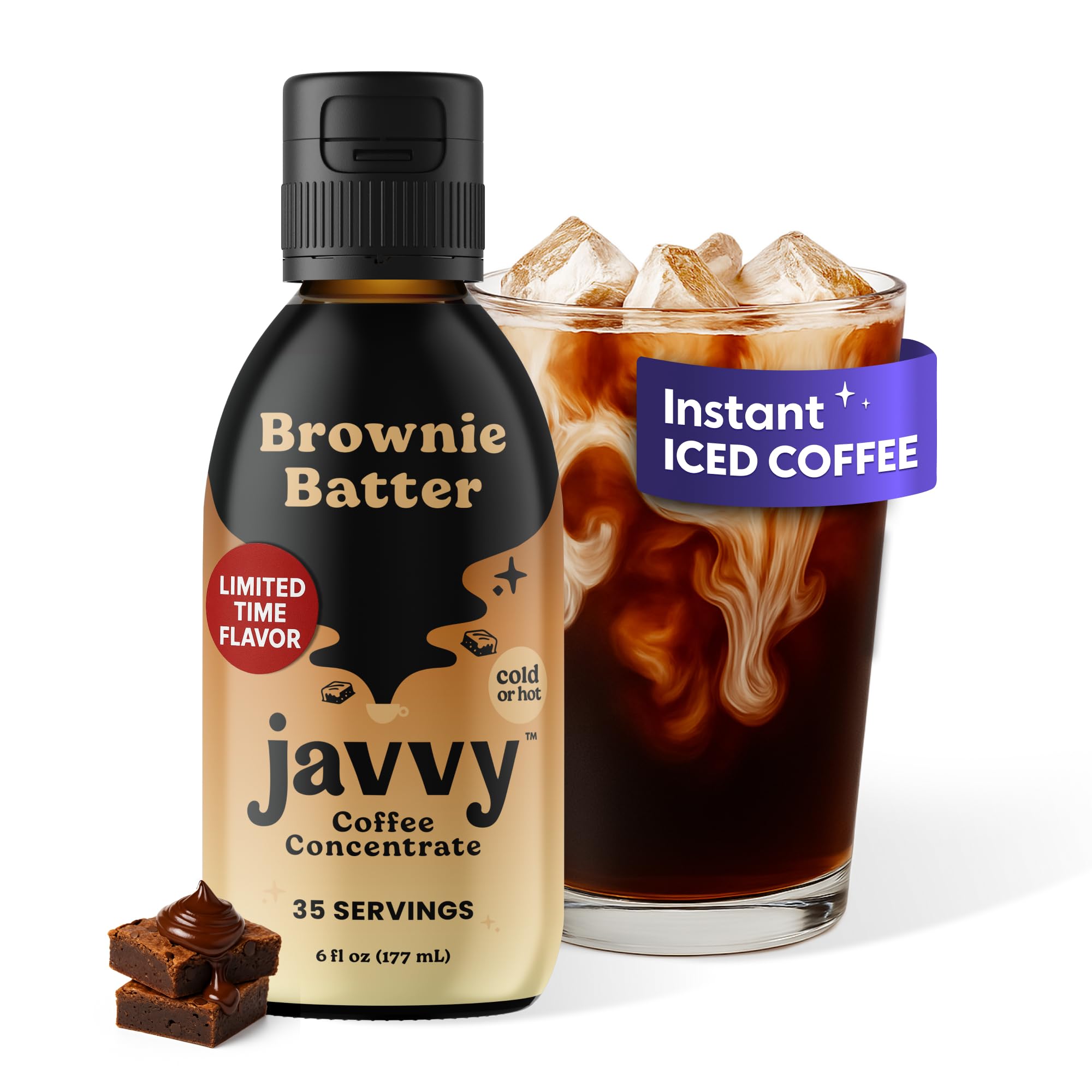 Javvy bottle front showing Brownie Batter label and convenience