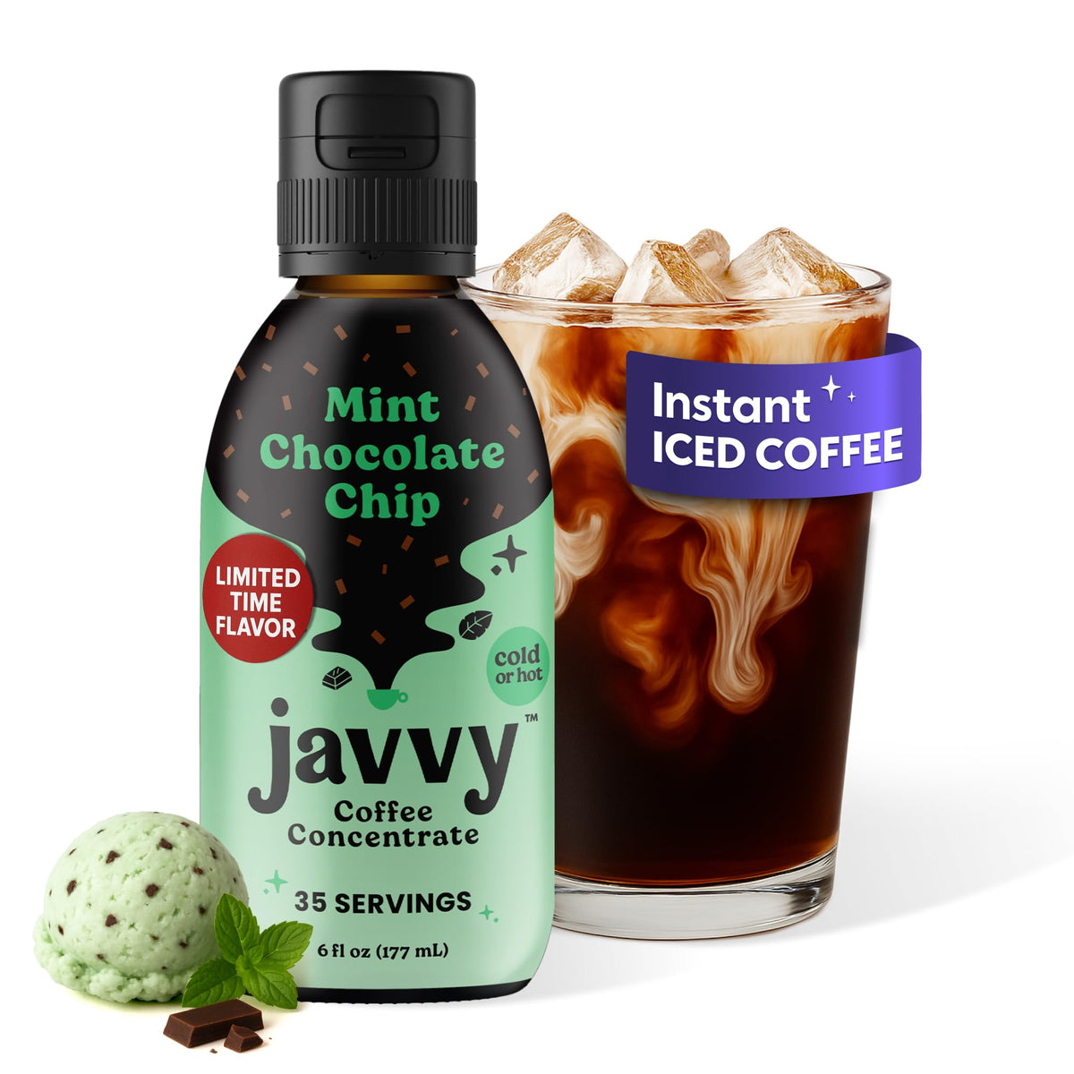Javvy bottle front view showing mint chocolate chip label and quick preparation benefit