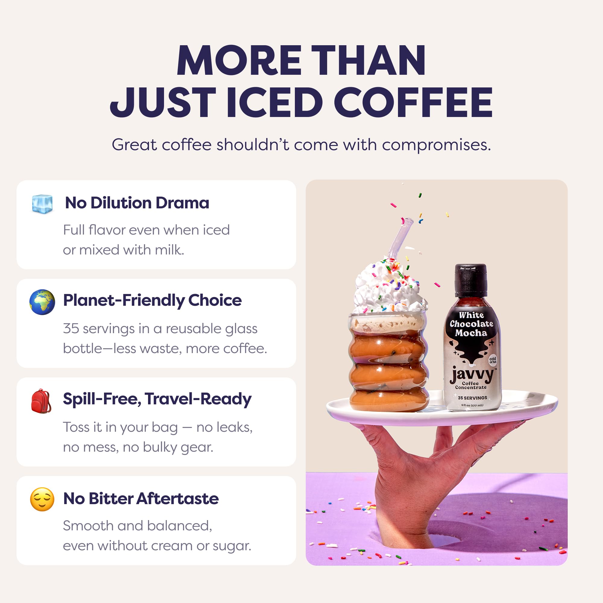 Javvy bottle next to milk and ice showing quick mix convenience
