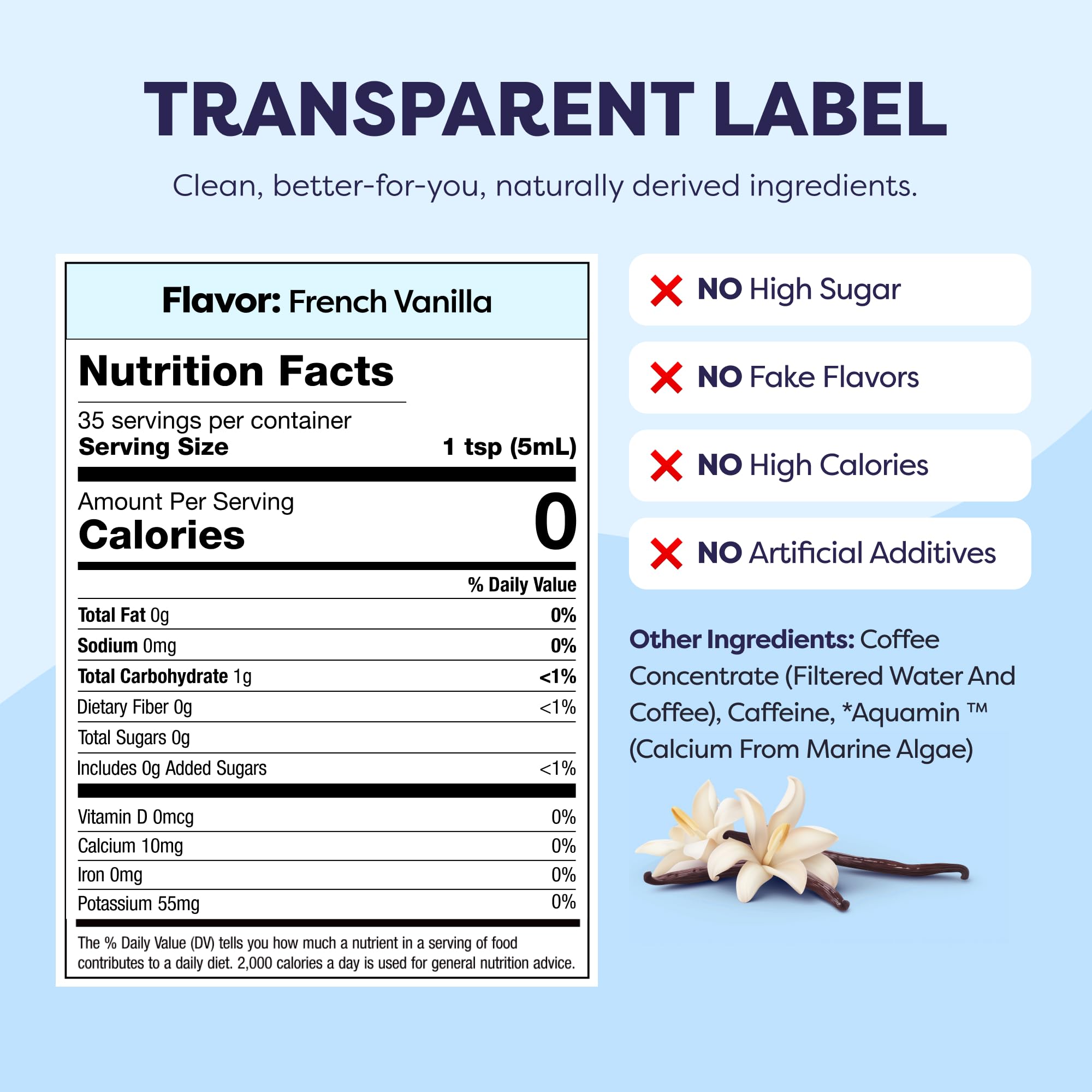 Javvy close-up of label highlighting ingredients and vanilla note for informed choice
