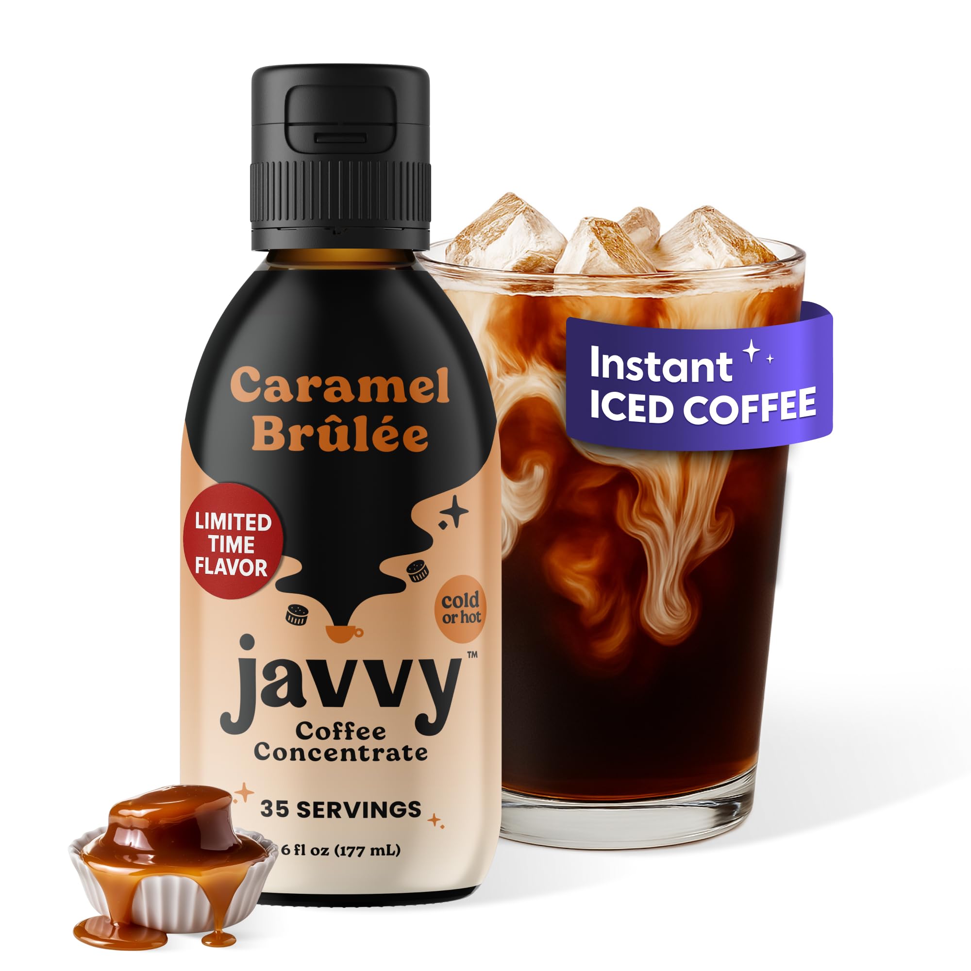 Javvy front bottle showing Caramel Brulee concentrate and easy use