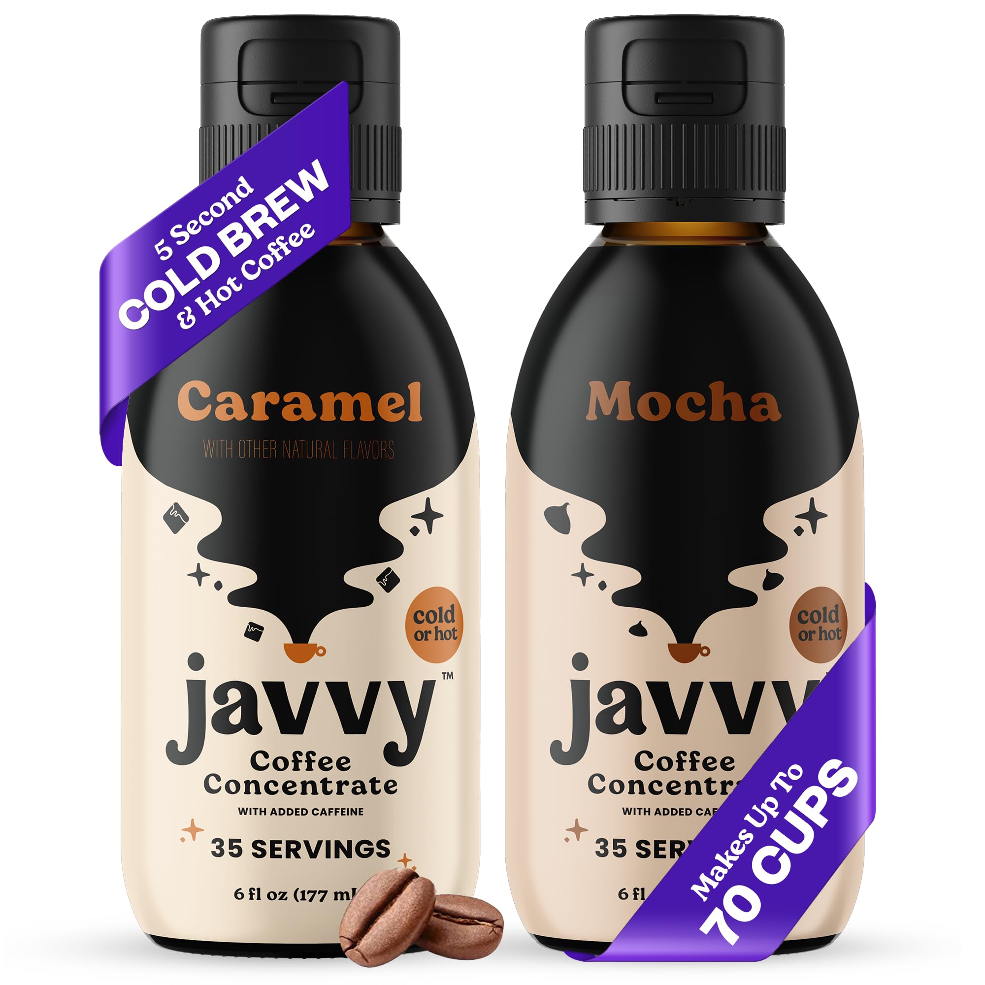 Javvy front packaging showing two bottles and caramel mocha flavor for convenience