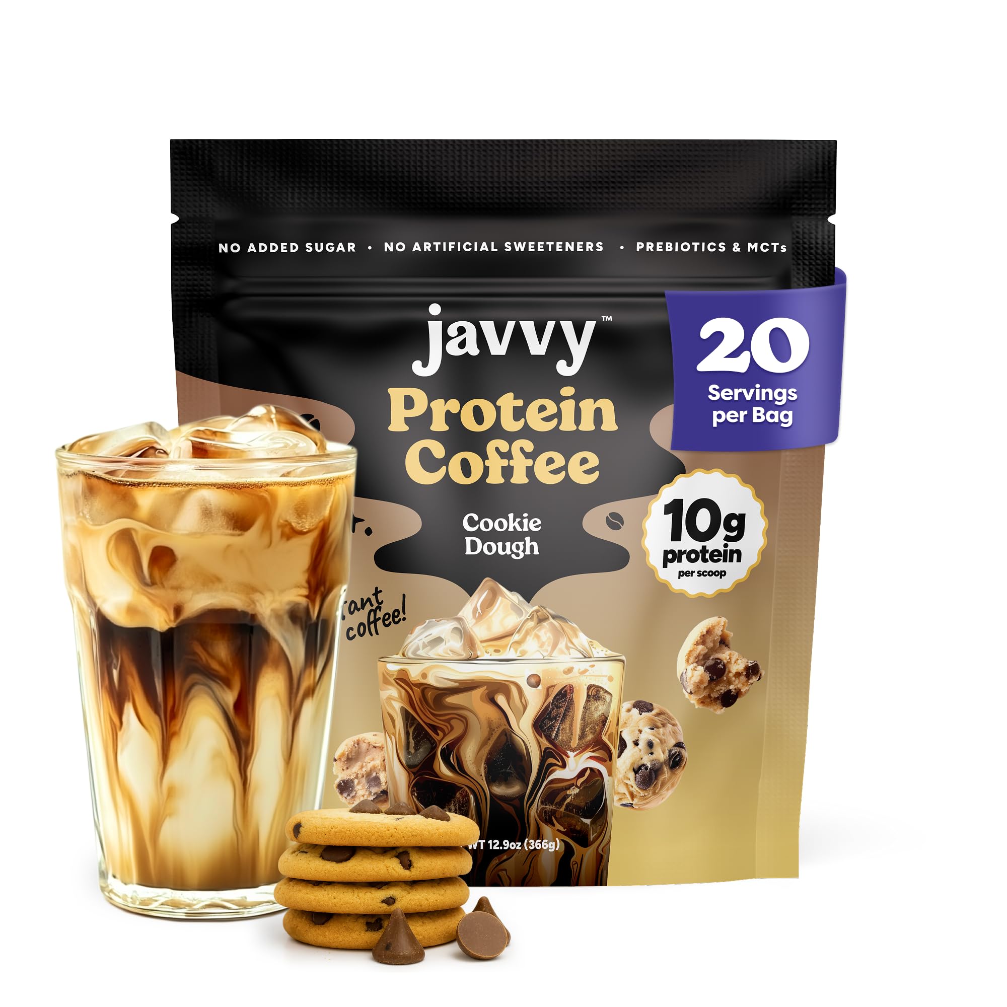 Javvy front packaging showing Cookie Dough flavor and benefits, perfect for quick protein coffee