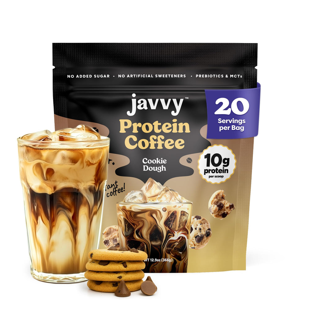 Javvy front packaging showing Cookie Dough flavor and benefits, perfect for quick protein coffee