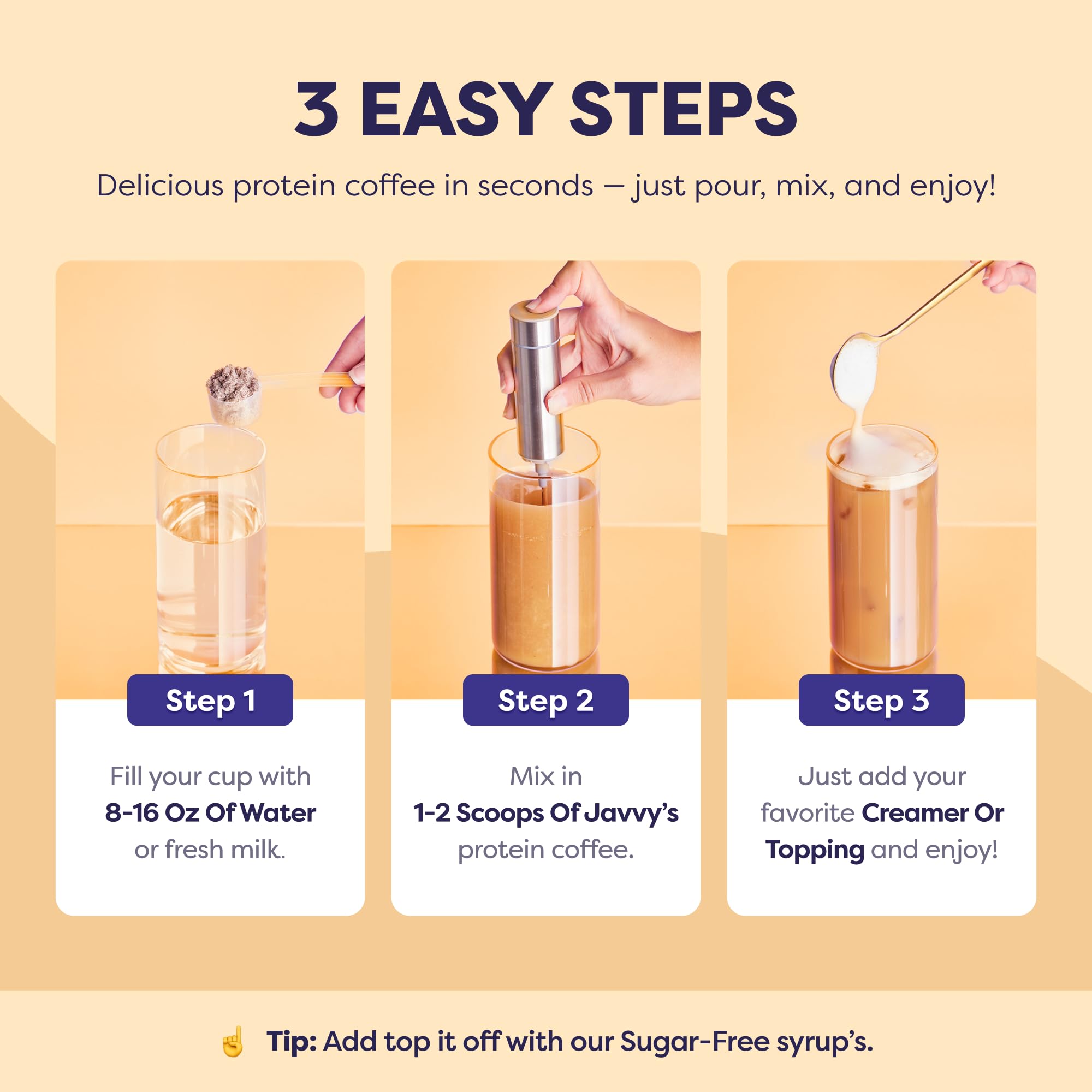Close-up of Javvy ingredients label, highlights whey protein, prebiotics, and goMCT support