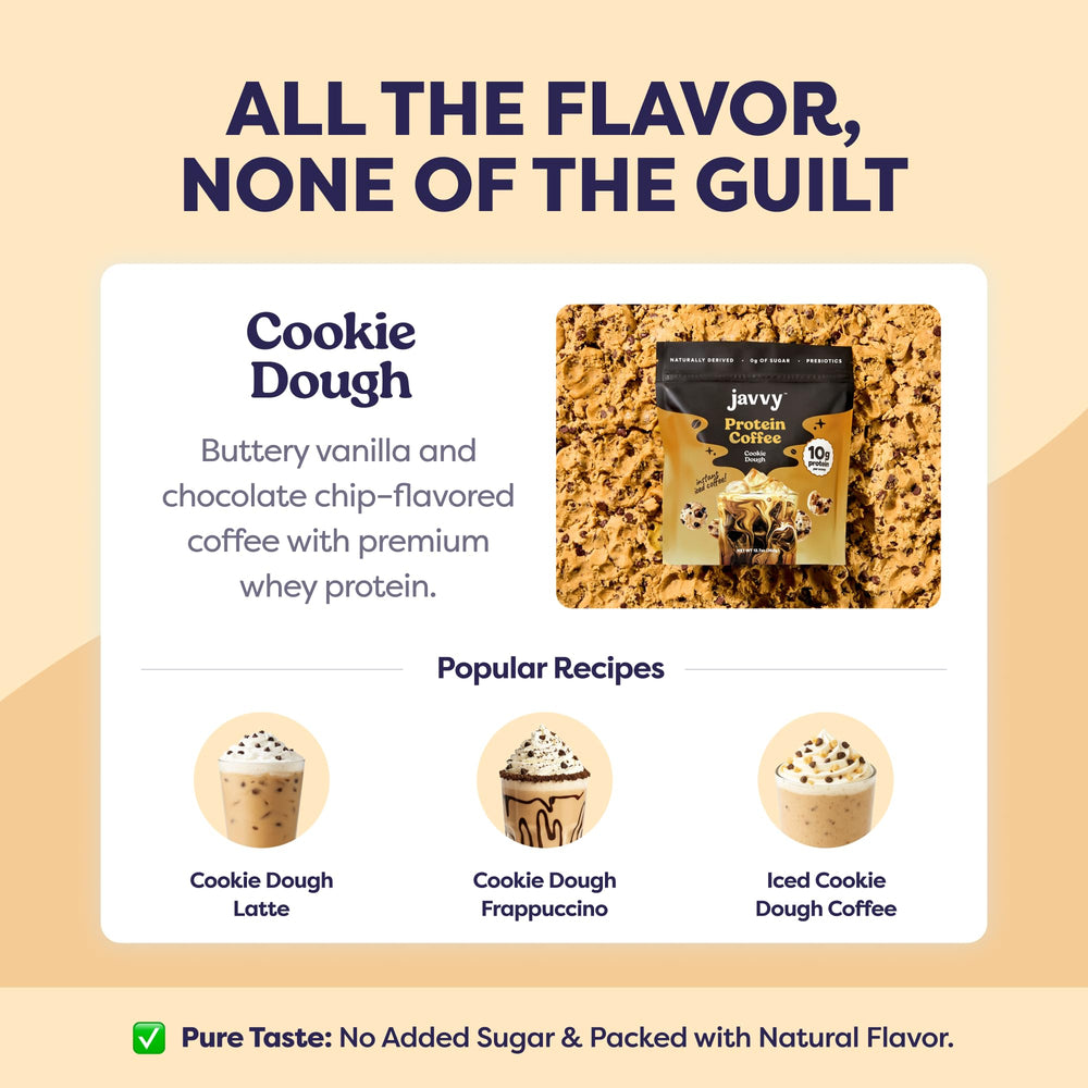 Lifestyle scene of Javvy Cookie Dough beside breakfast, fits daily routine and active lifestyles