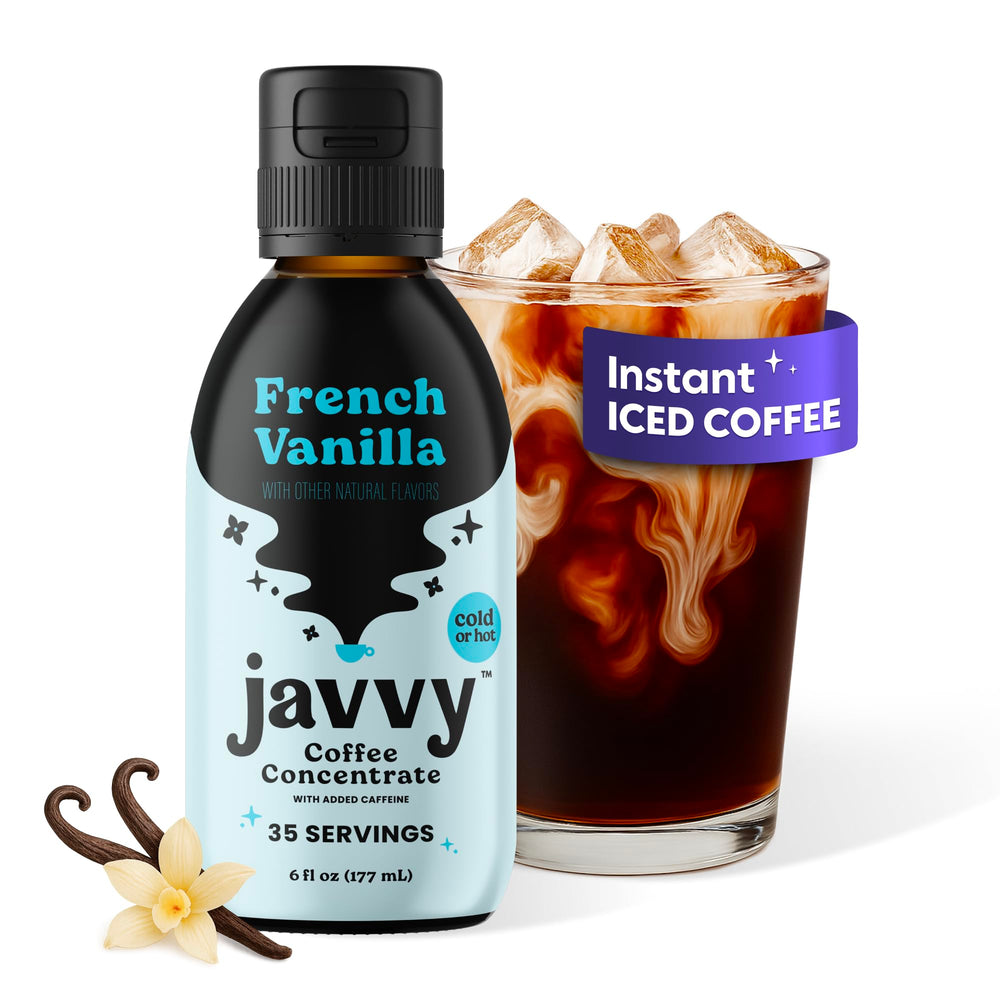 Javvy front bottle showing vanilla concentrate and clear branding for quick mixing