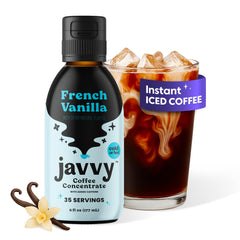 Javvy front bottle showing vanilla concentrate and clear branding for quick mixing