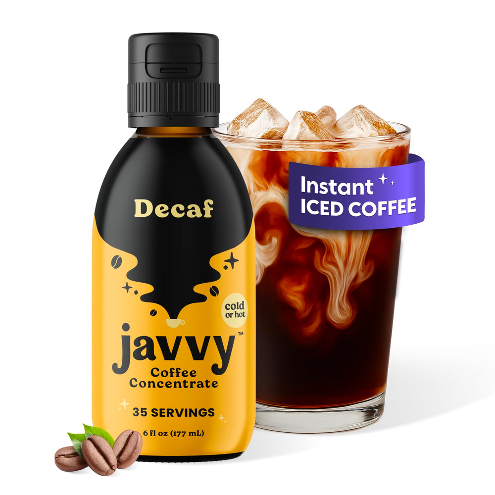 Javvy front label view showing decaf cold brew concentrate and clean branding benefit convenience