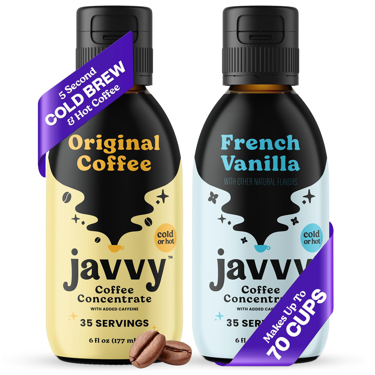 Javvy front packaging showing two-bottle pack and quick-serving benefit