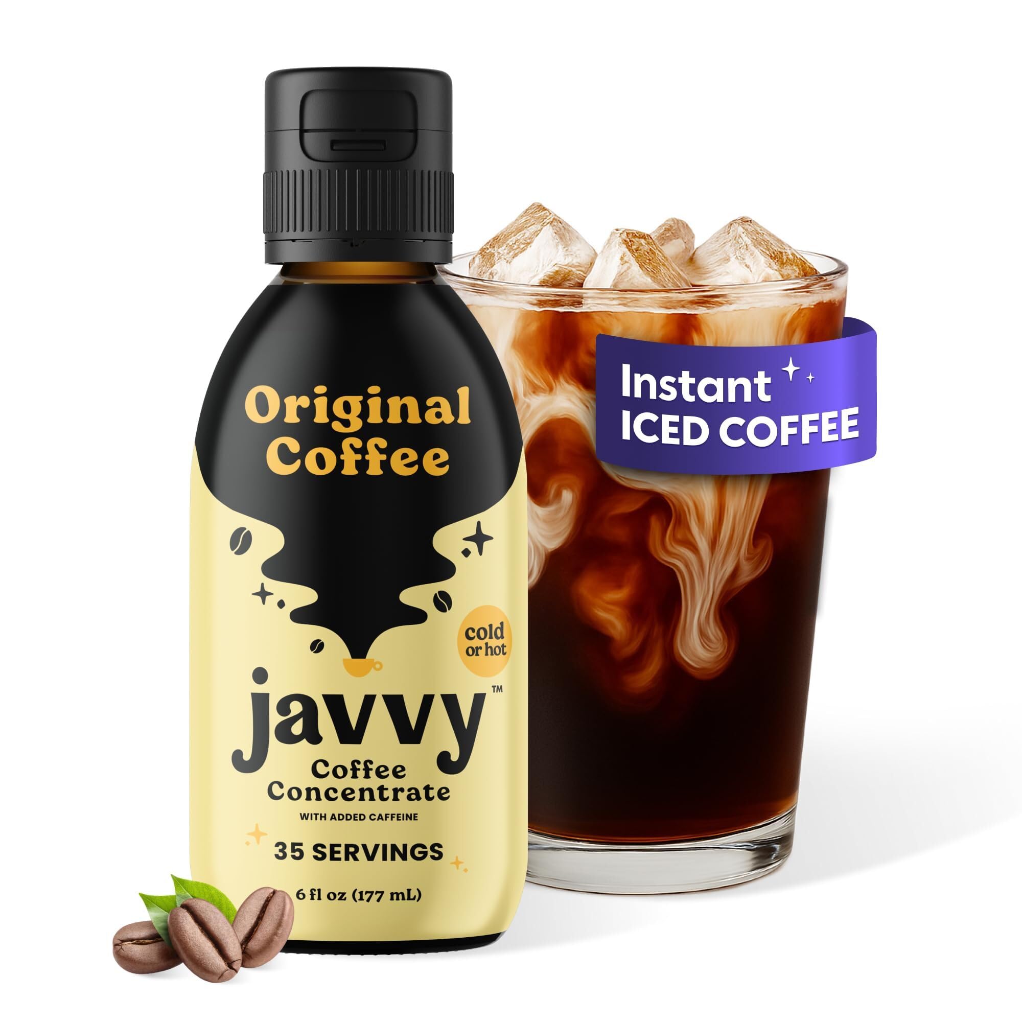 Javvy front packaging showing bottle and original label, highlights convenience