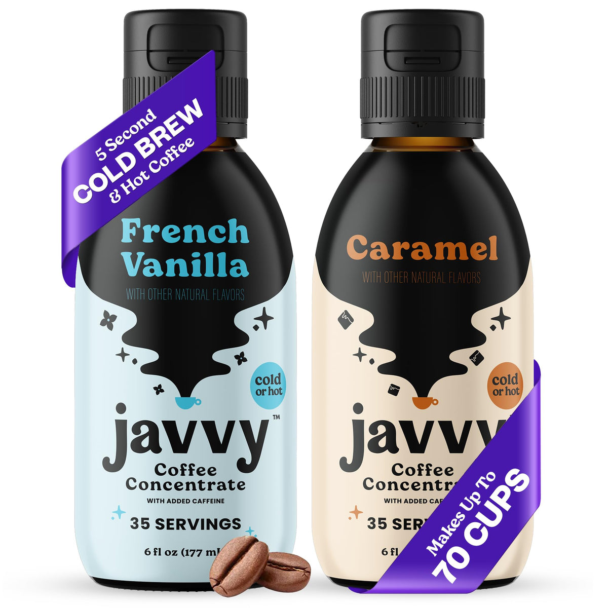 Javvy front packaging showing vanilla and caramel flavor benefit convenience