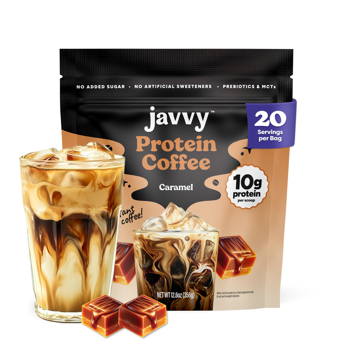 Javvy front pouch showing caramel latte flavor and benefits