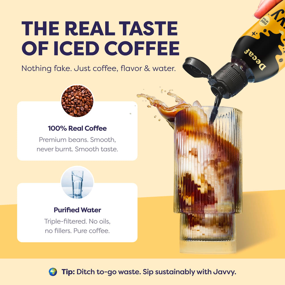 Iced cold brew in a glass made with Javvy showing refreshing low-caffeine beverage