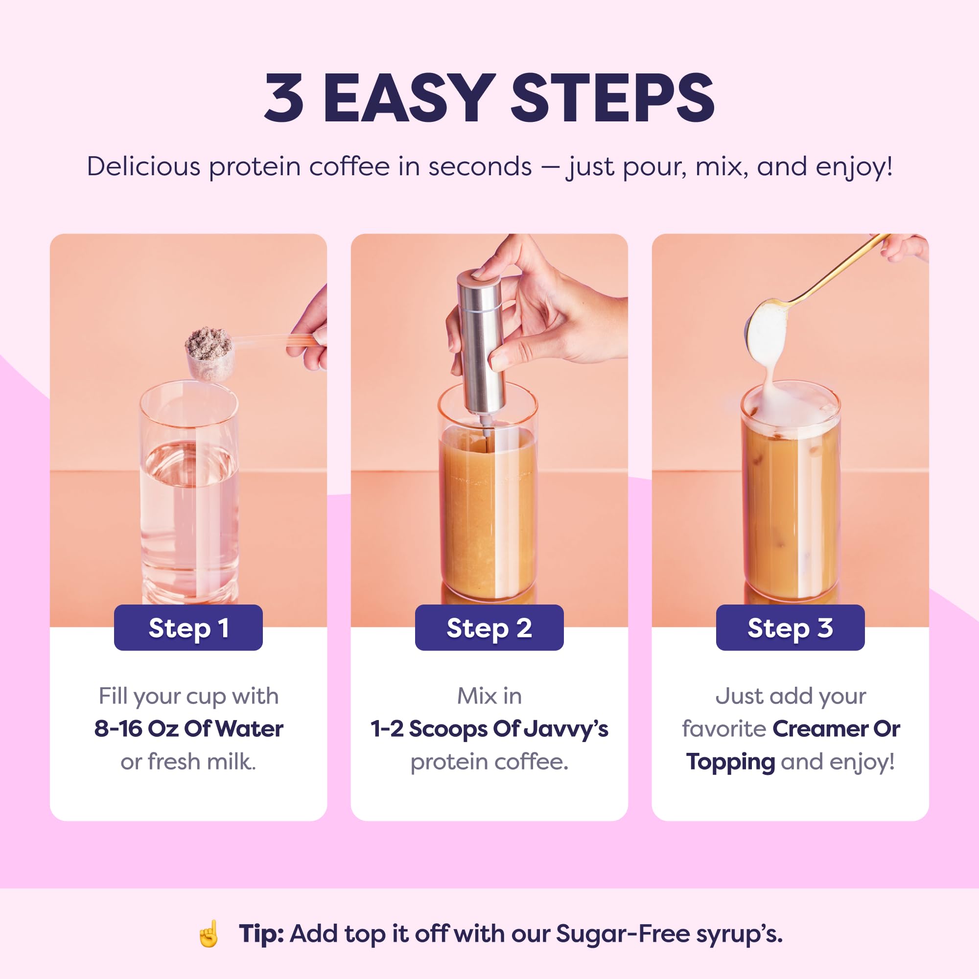 Javvy nutrition label and ingredients panel showing protein and functional add-ins