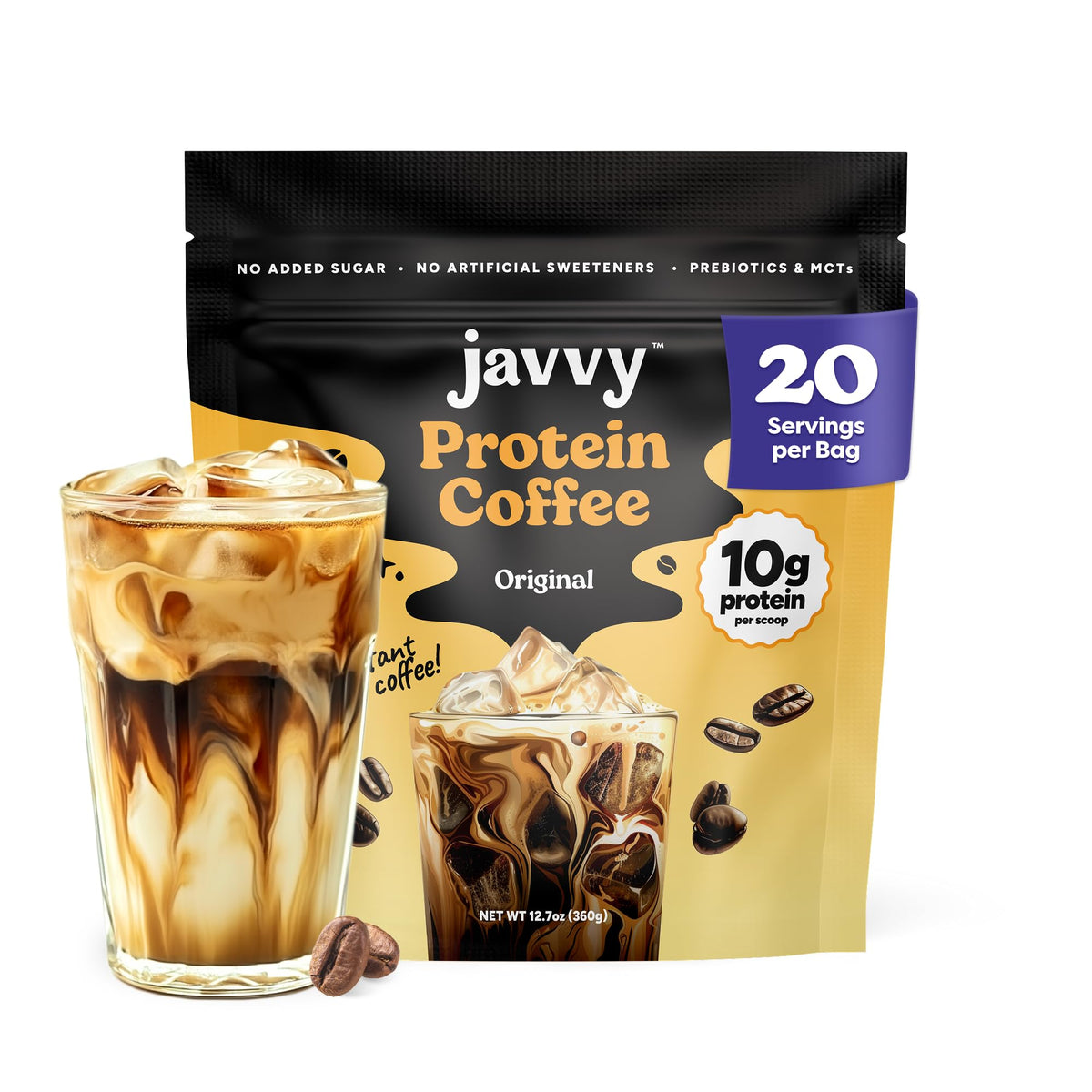 Javvy Original Blend canister front view showing branding and serving claims