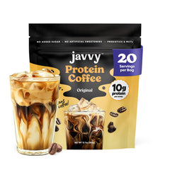 Javvy Original Blend canister front view showing branding and serving claims