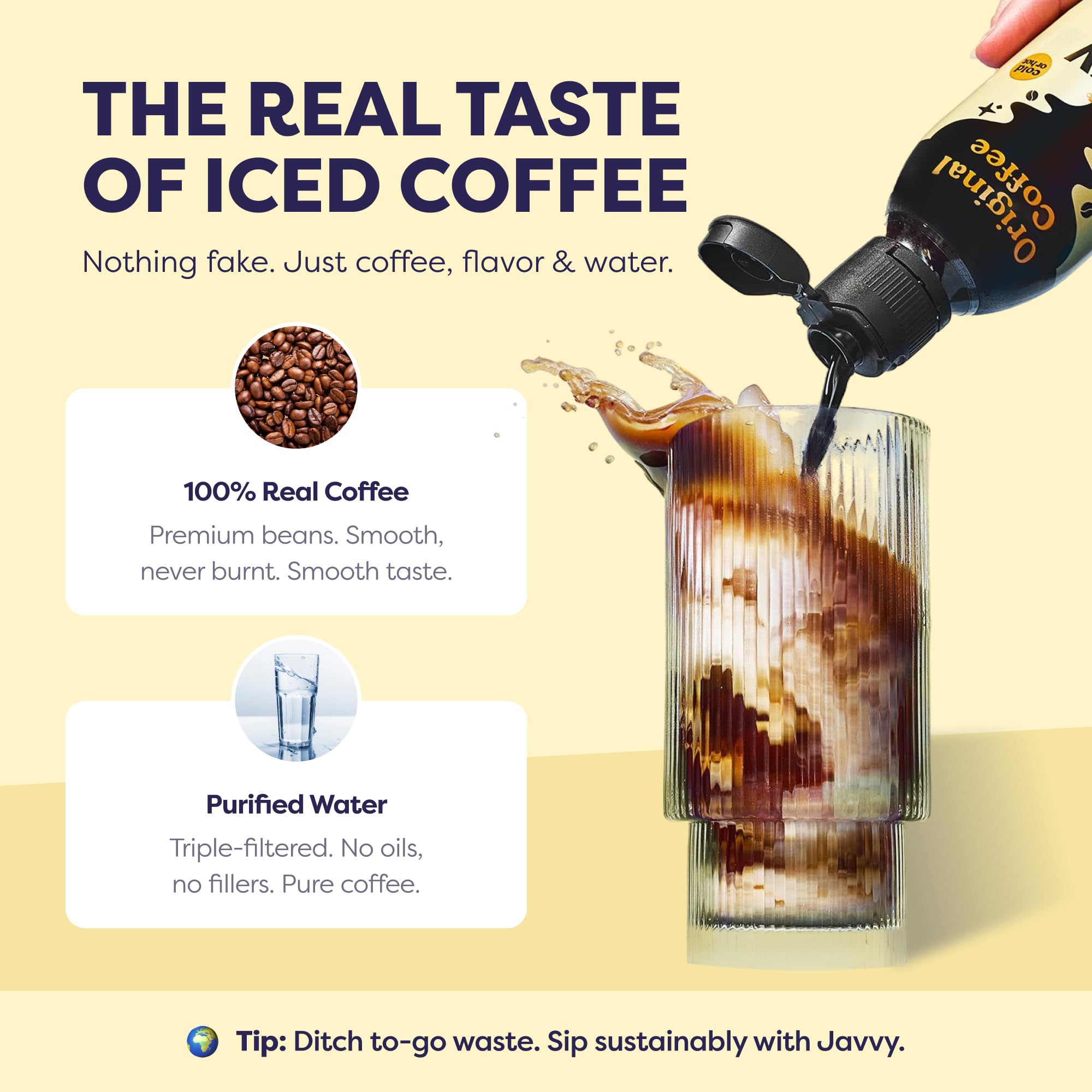 Javvy original bottle next to Arabica beans illustrating premium bean sourcing benefit