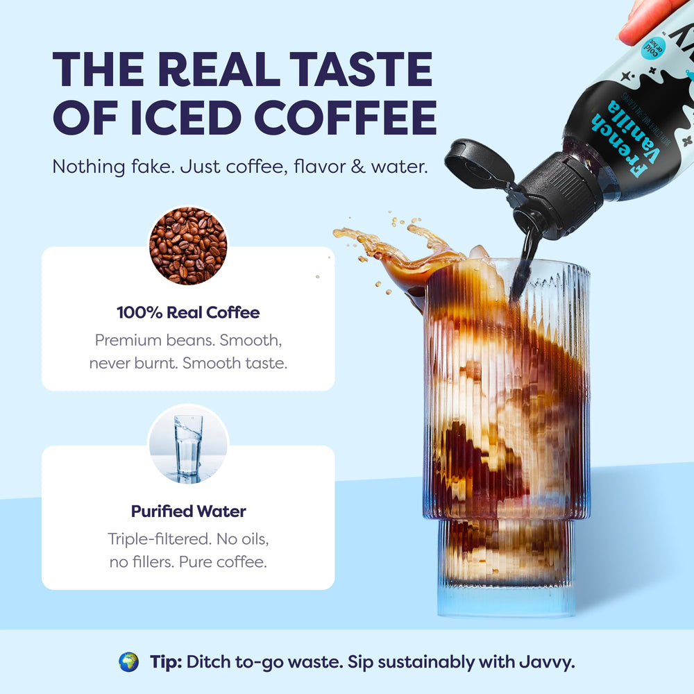 Javvy bottle in hand for scale, showing portable concentrate and convenient servings