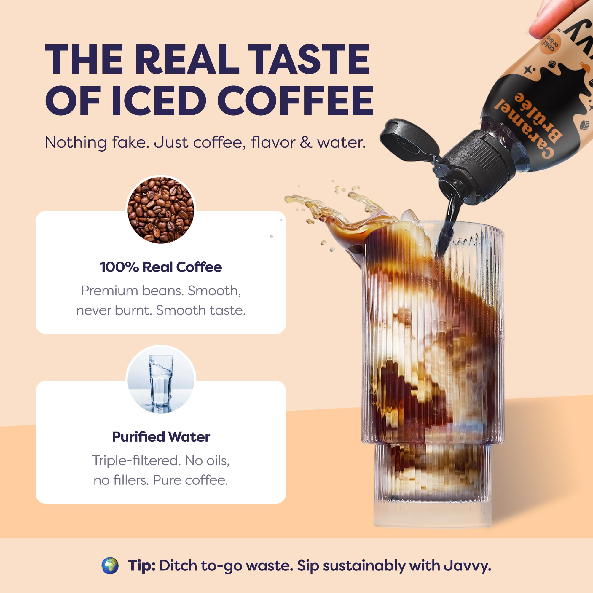 Javvy iced coffee poured over ice illustrating refreshing convenience