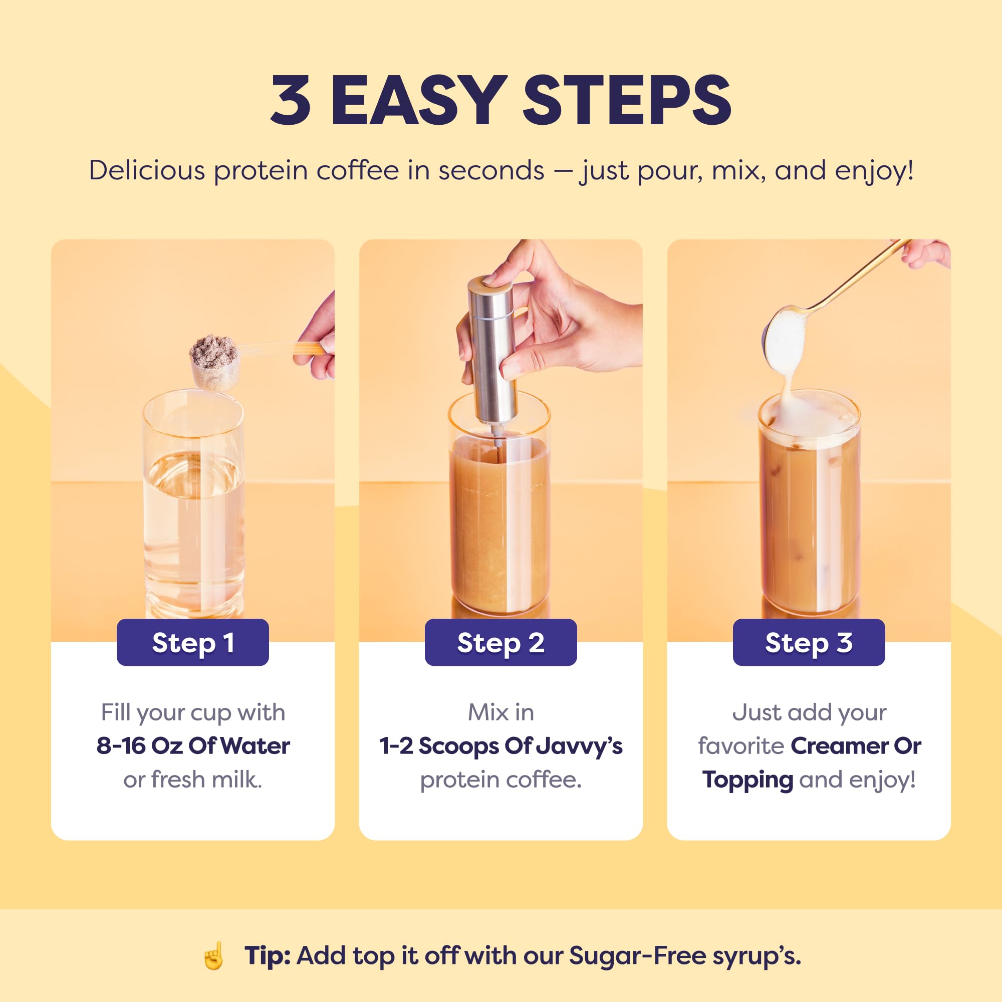Javvy serving size comparison with spoon and bottle illustrating portability