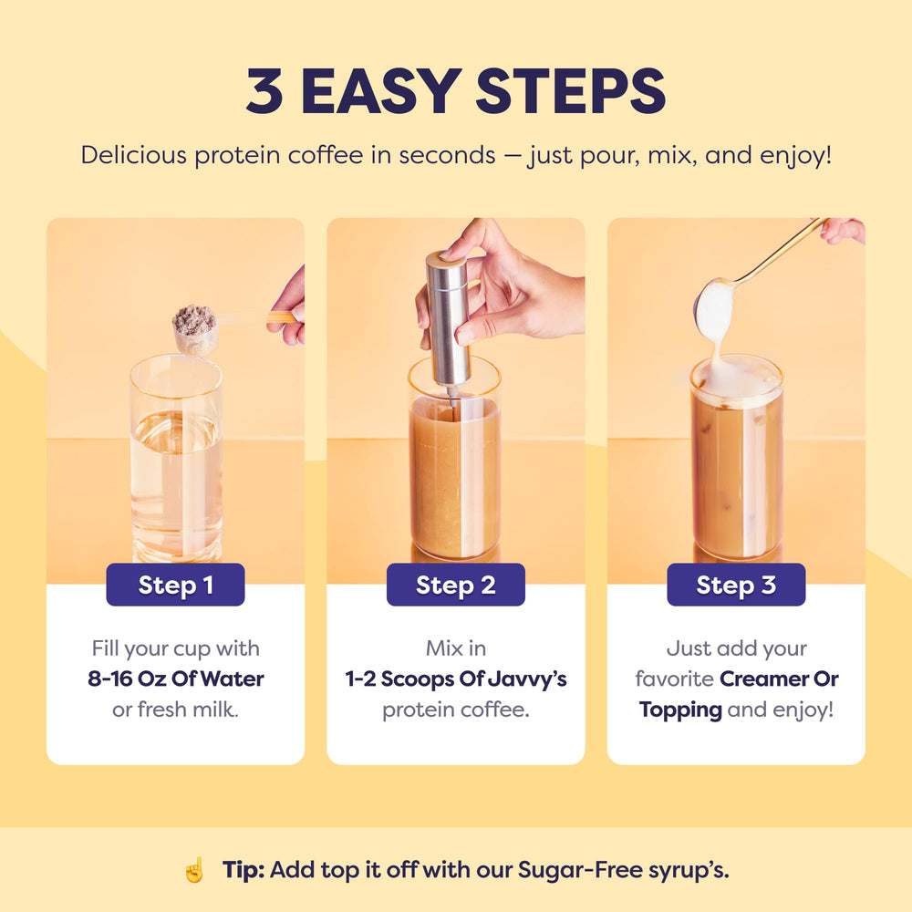 Javvy serving size comparison with spoon and bottle illustrating portability