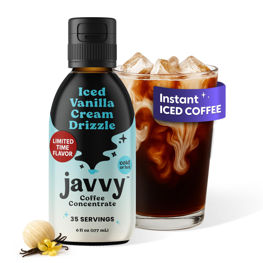 Javvy bottle front packaging showing vanilla cream drizzle label and smooth branding