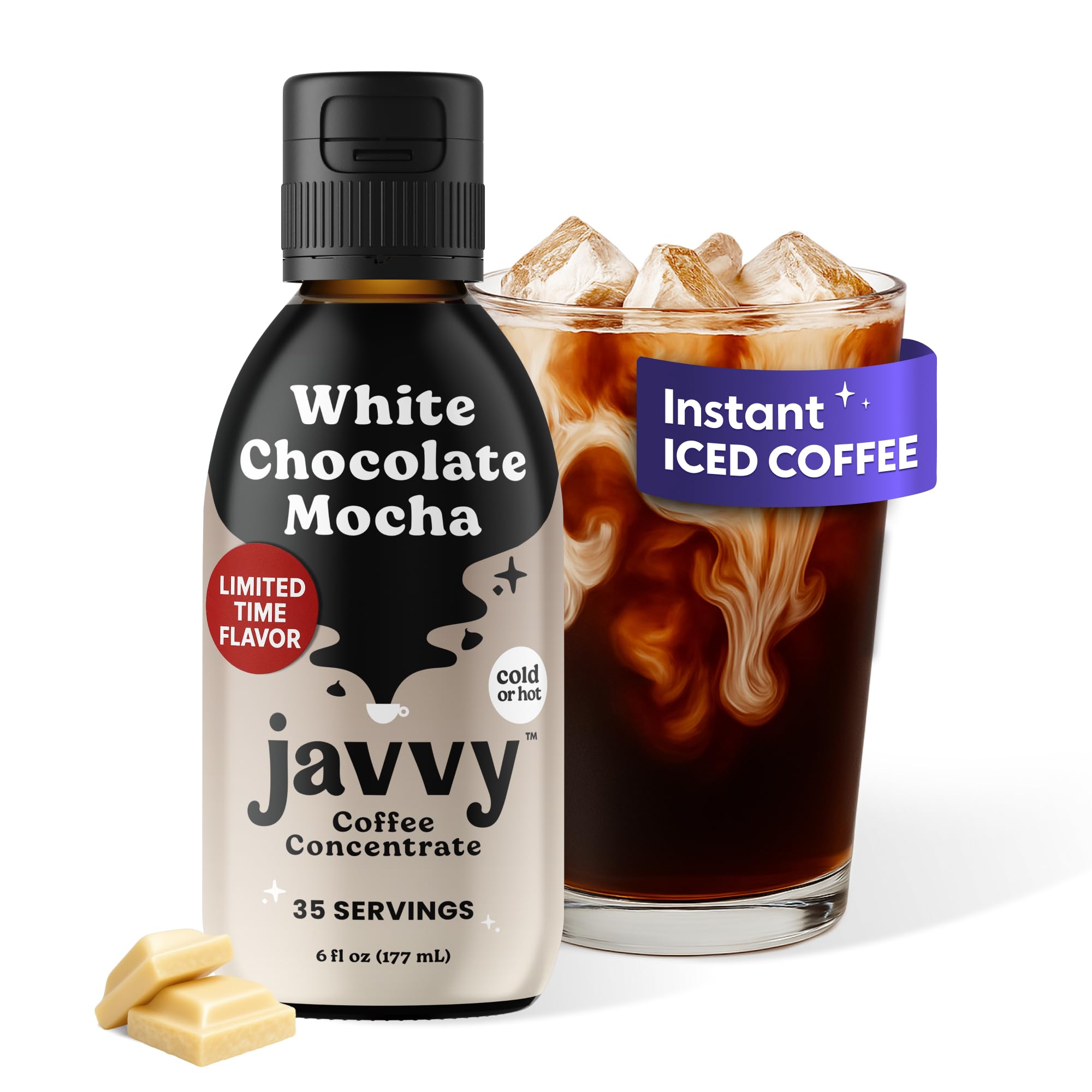 Javvy bottle front packaging showing white chocolate mocha branding and benefit