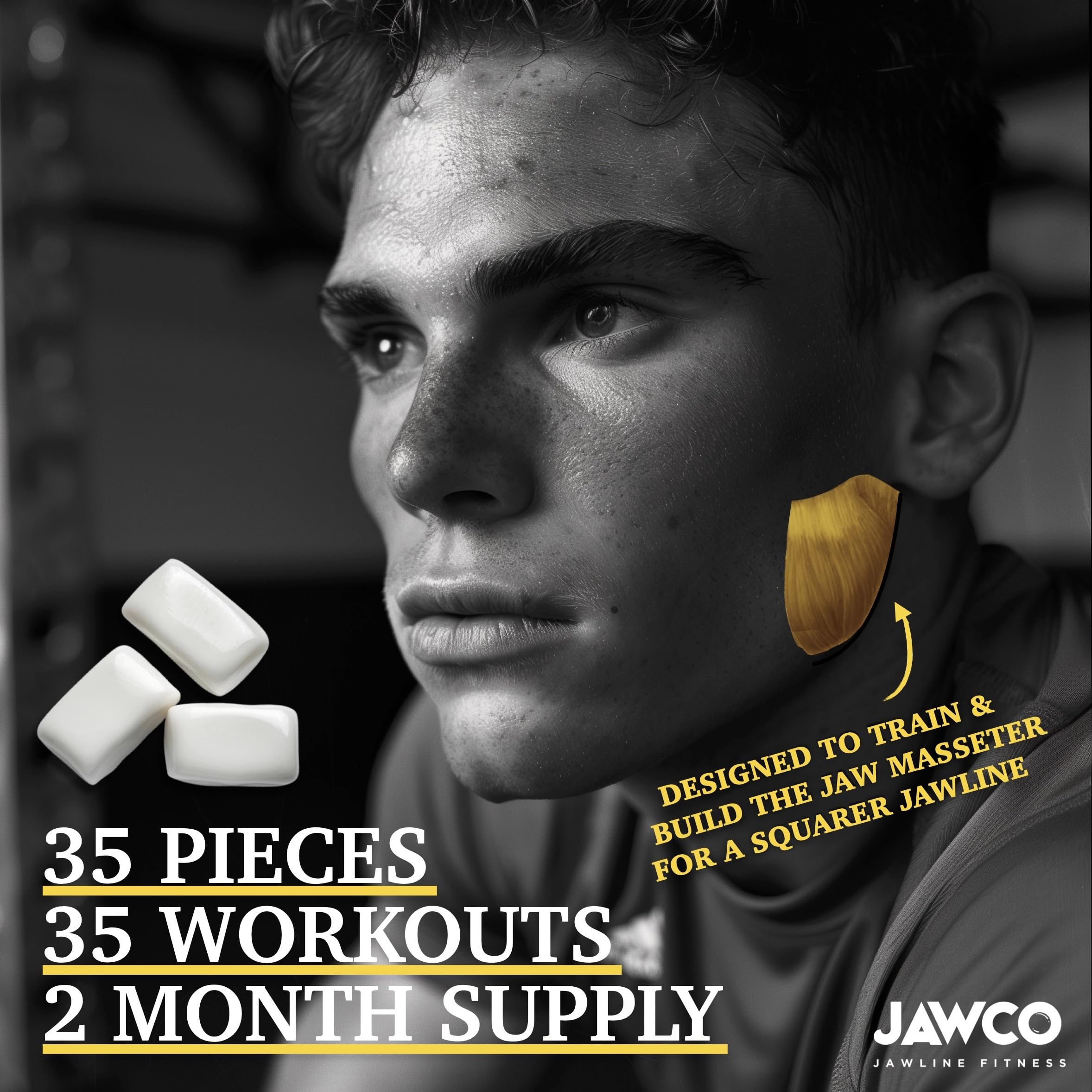 Person chewing JAWCO in profile demonstrating targeted muscle engagement