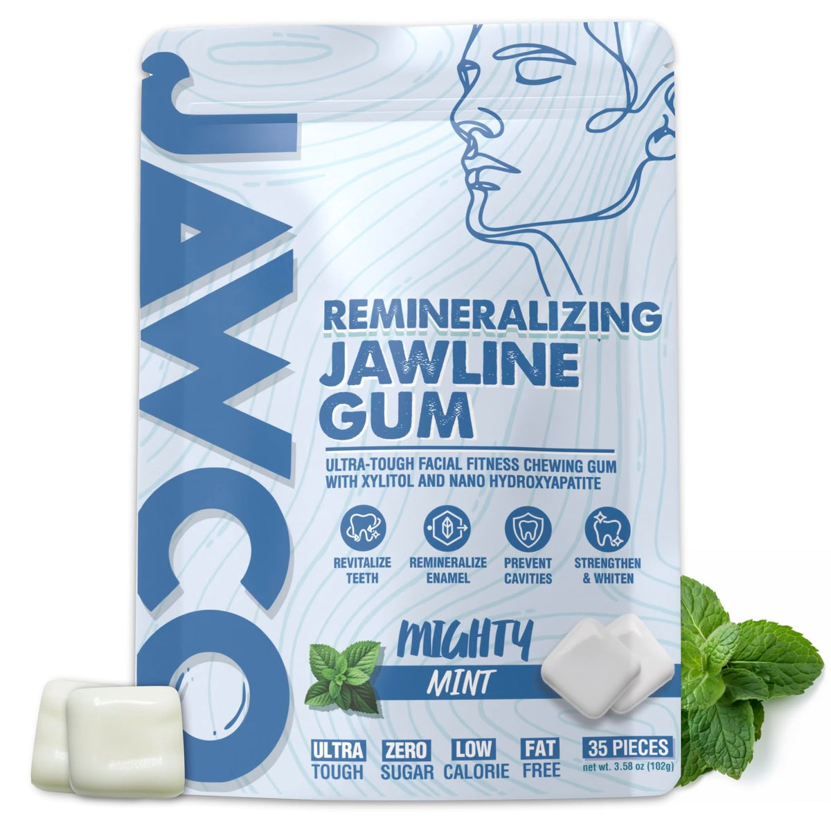 JAWCO front pack showing mint flavor and 35 pieces for quick workouts