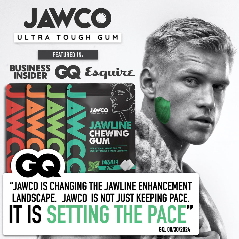 Person chewing JAWCO to demonstrate jaw exercise and improved tone