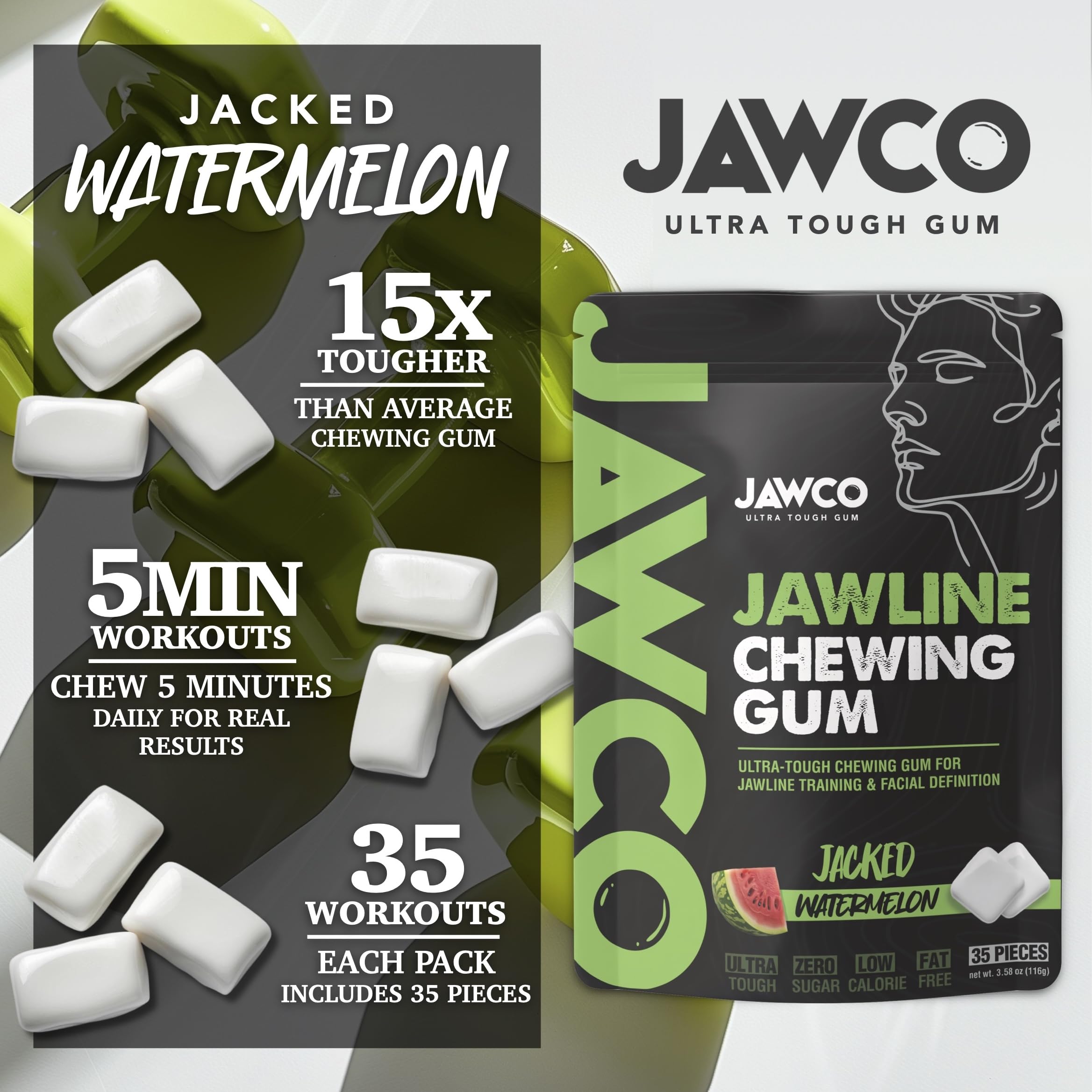 JAWCO single gum piece on fingertip illustrating piece size and portability