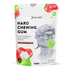 Jawliner front packaging showing 40-piece watermelon gum and benefits