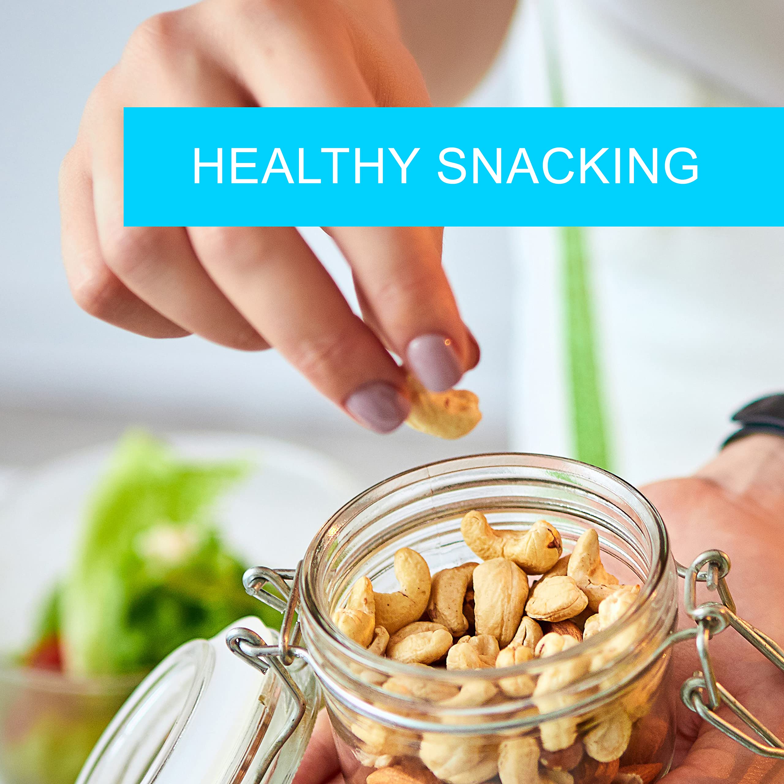 Jaybee's jar open with whole cashews visible, convenient ready-to-eat benefit