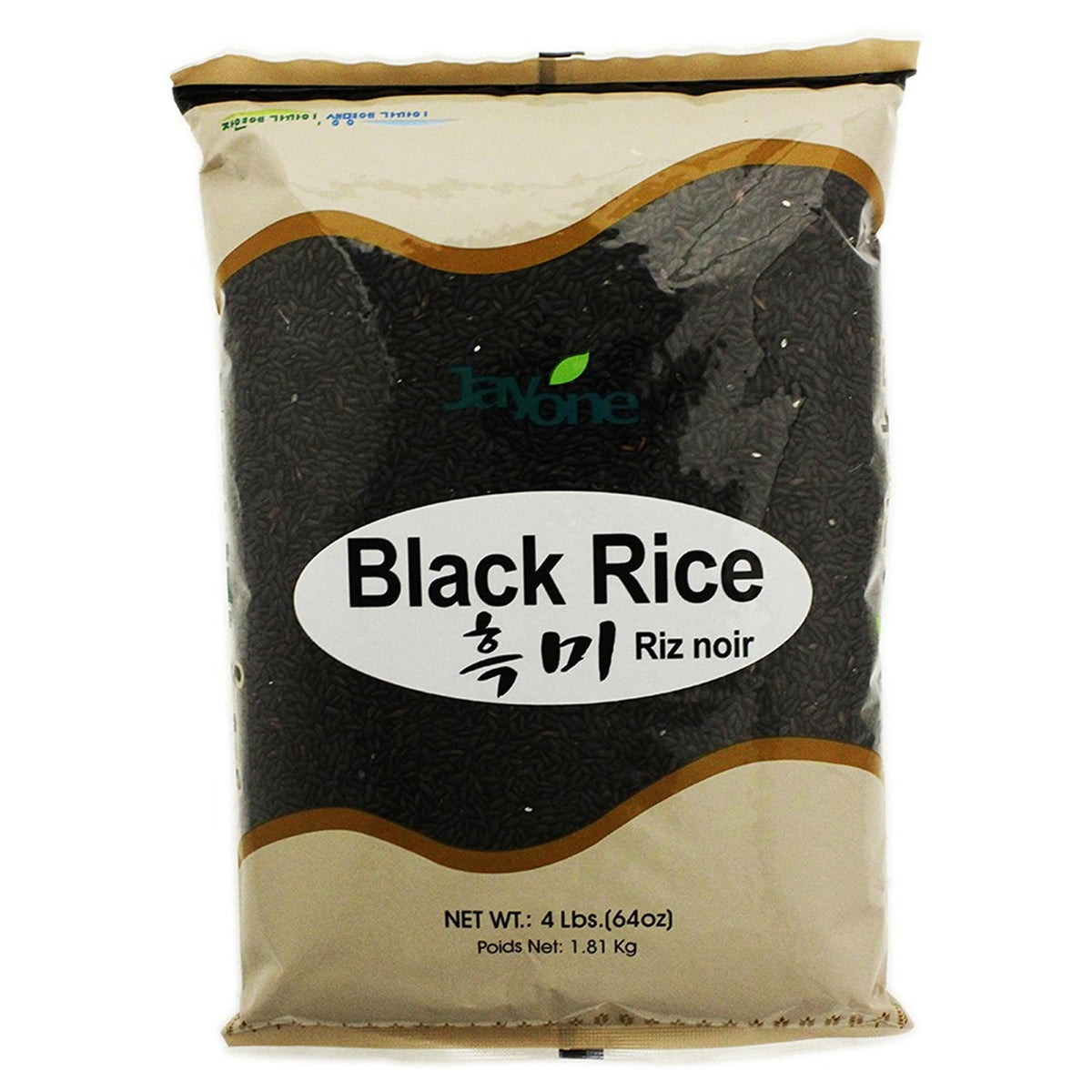 Jayone black rice front of package showing 4 lb bag and brand clarity benefits