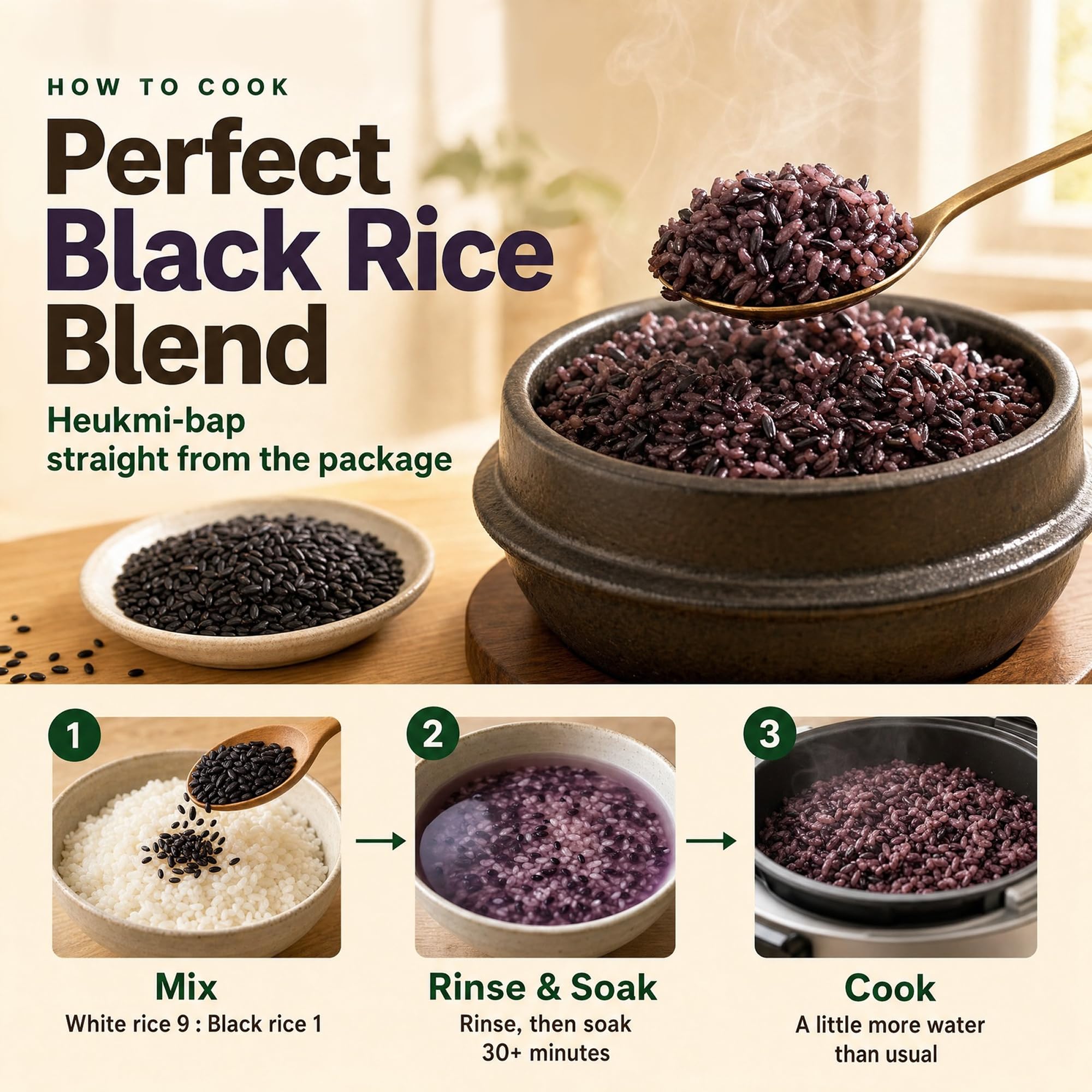 Jayone black rice staged portion comparison showing 1 cup measured for meal prep benefits