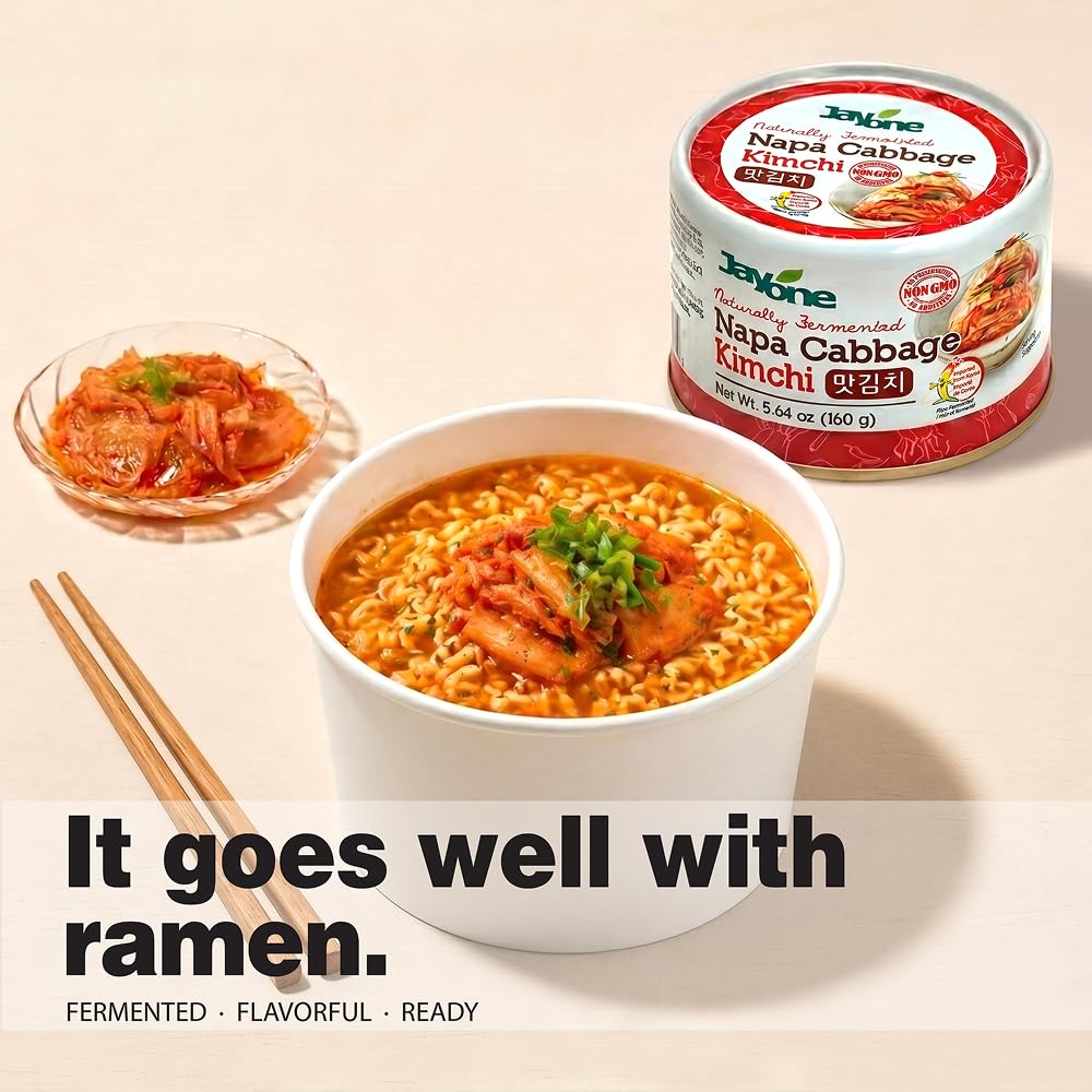Jayone open can close-up showing kimchi texture and preserved flavor benefit