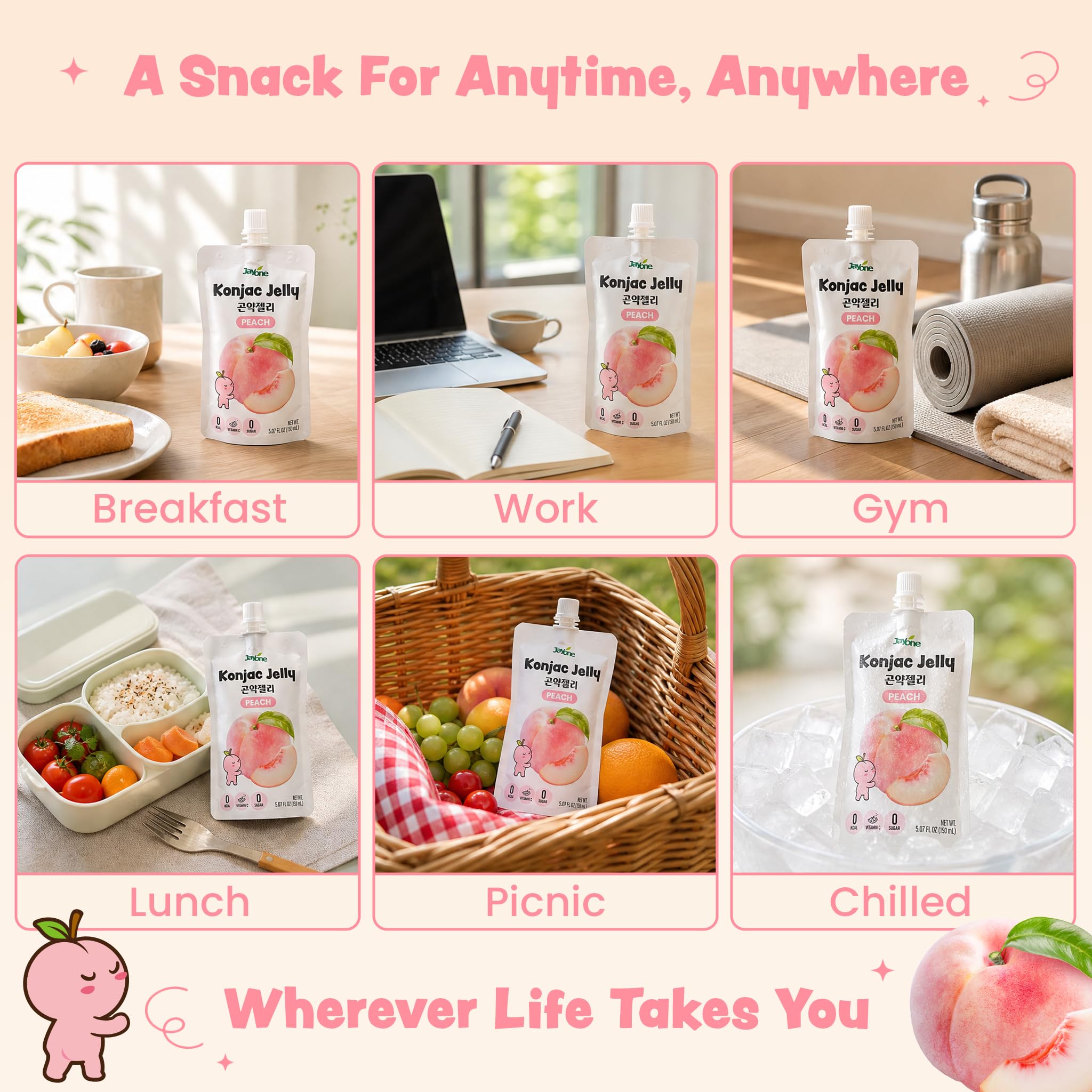 Jayone peach pouch in a picnic setting showing brand and on-the-go refreshment