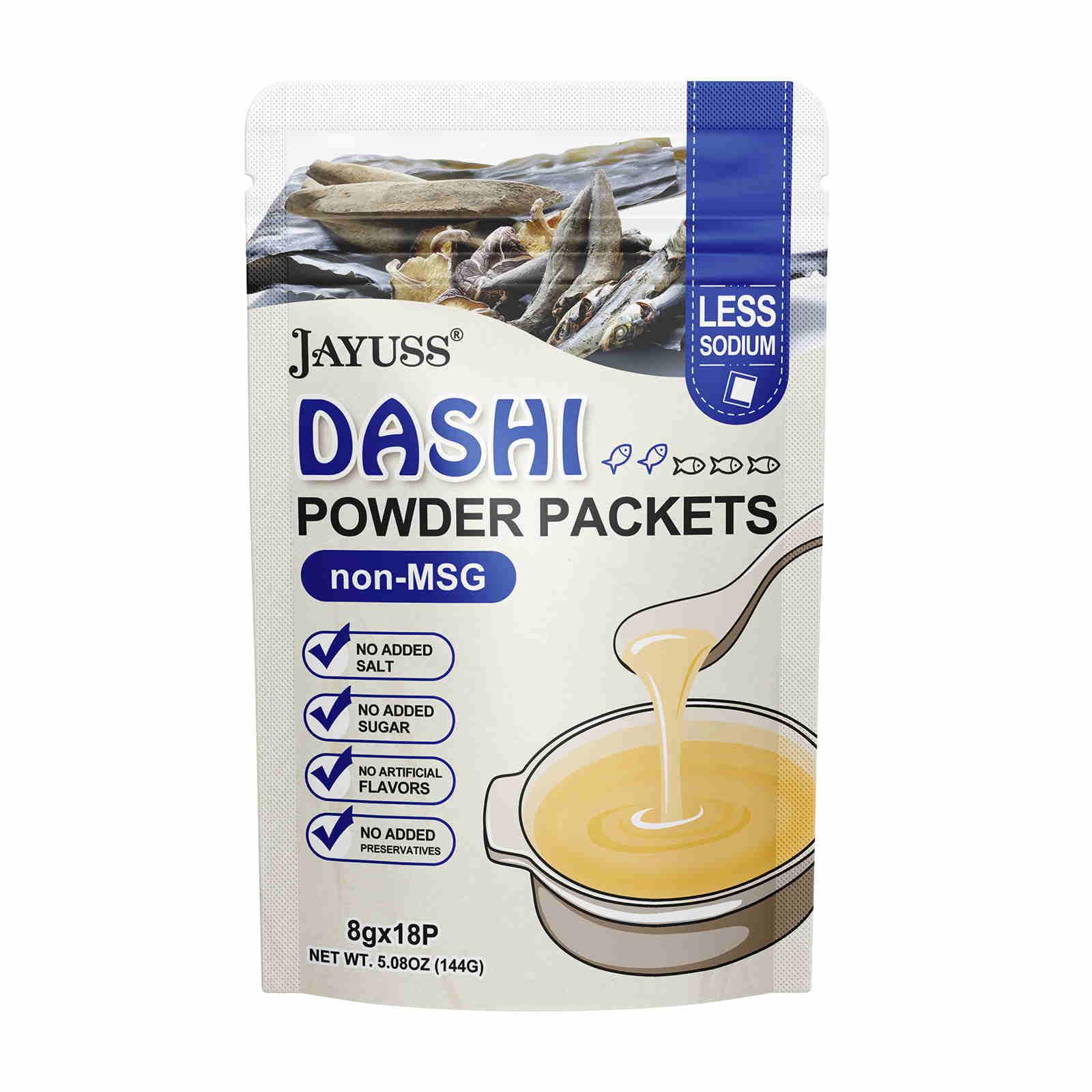 JAYUSS front packaging showing 18 dashi sachets and product benefits
