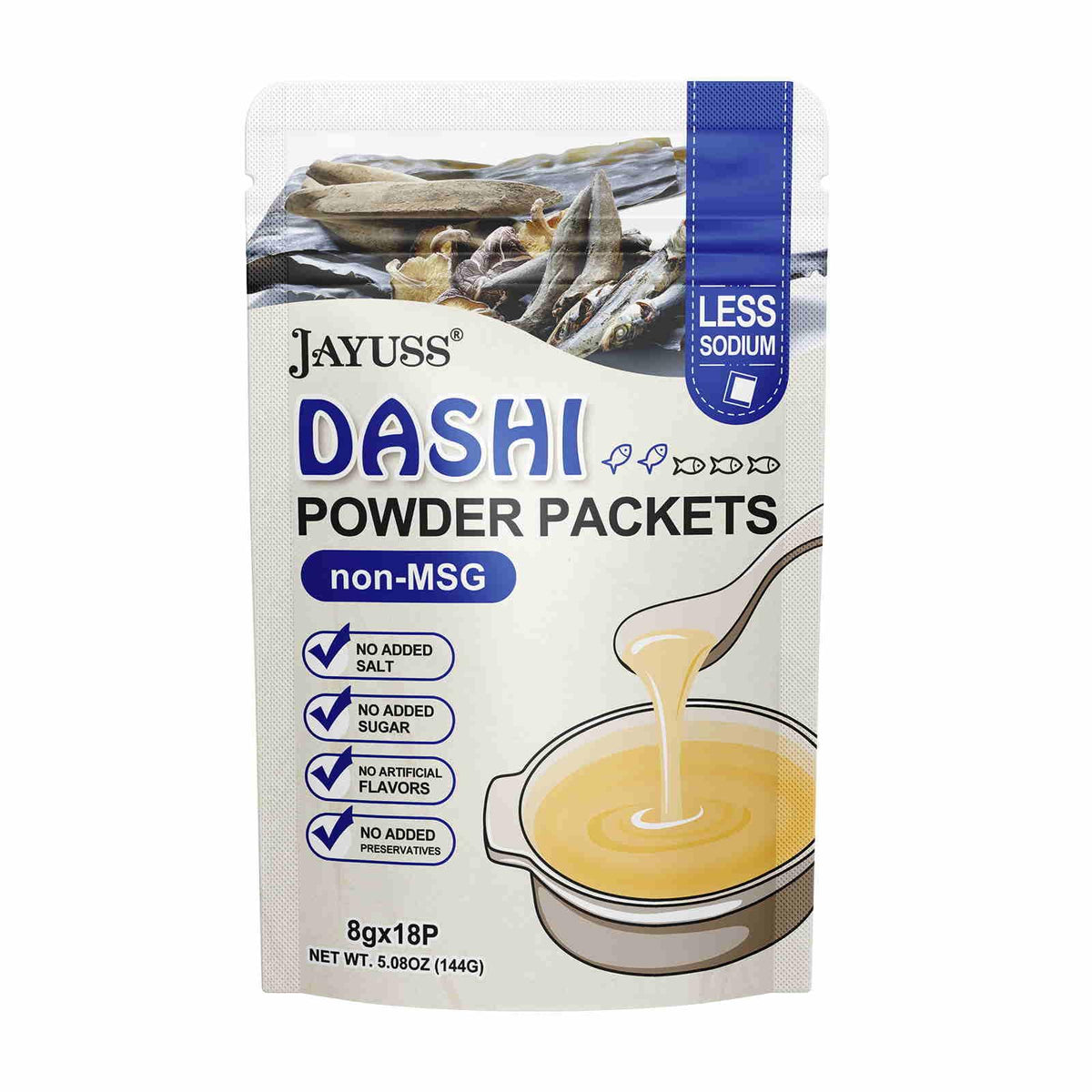 JAYUSS front packaging showing 18 dashi sachets and product benefits